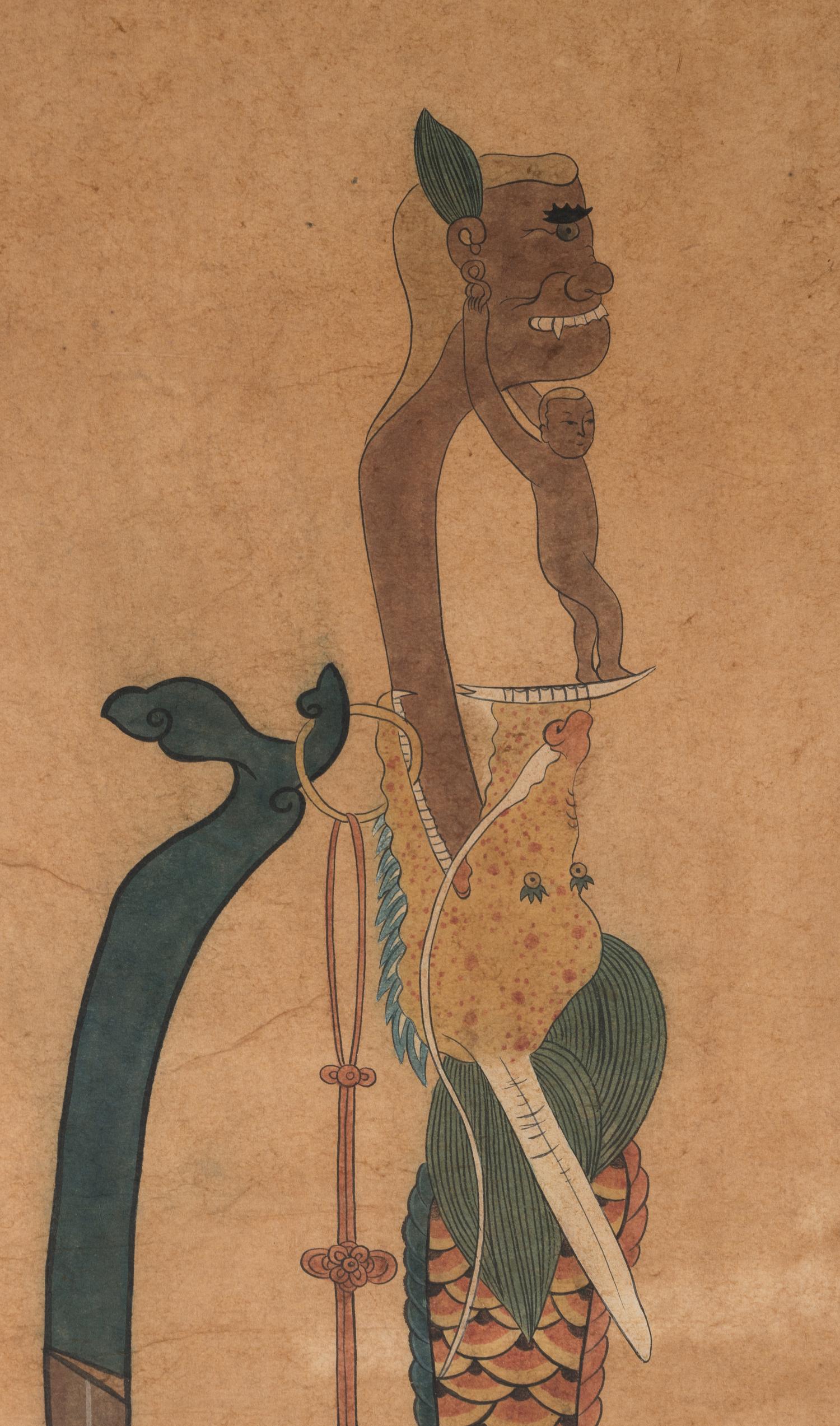 A Pair of Korean Paintings Depicting Gifts from the Ming Emperor, Joseon Period, 19th Century 十九世紀 朝鮮王朝《八赐品》之《思刀》、《鬼刀》