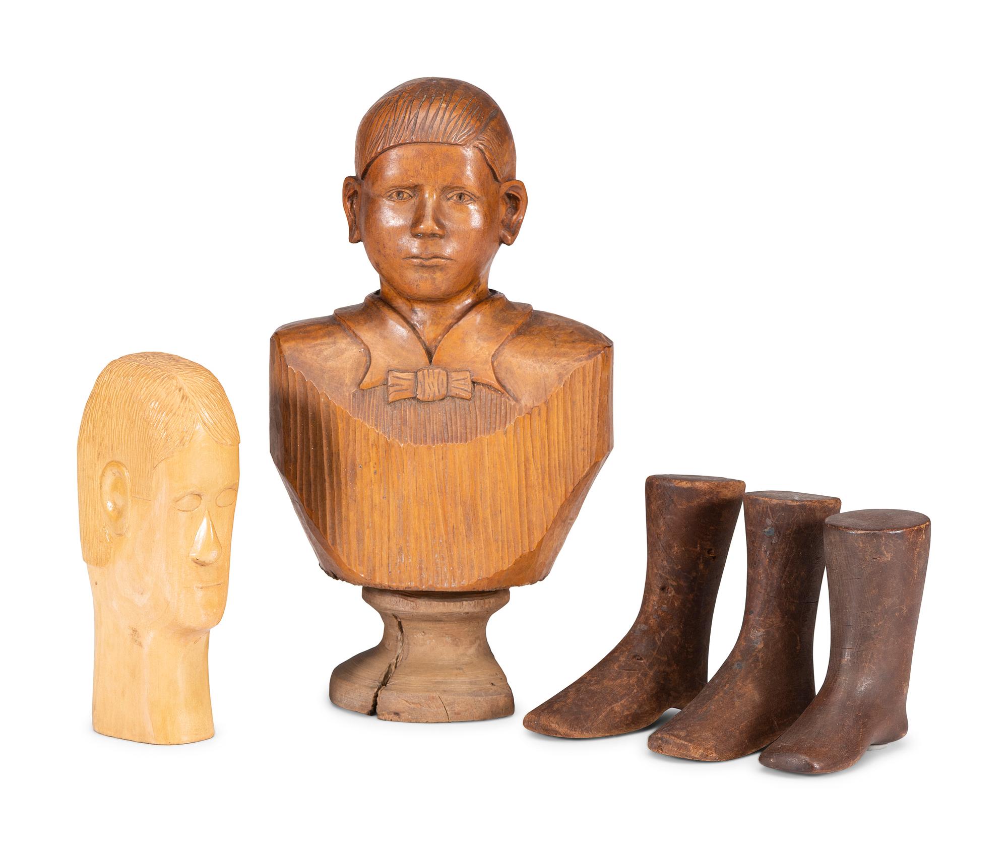 Two Folk Art Carved Wood Male Busts