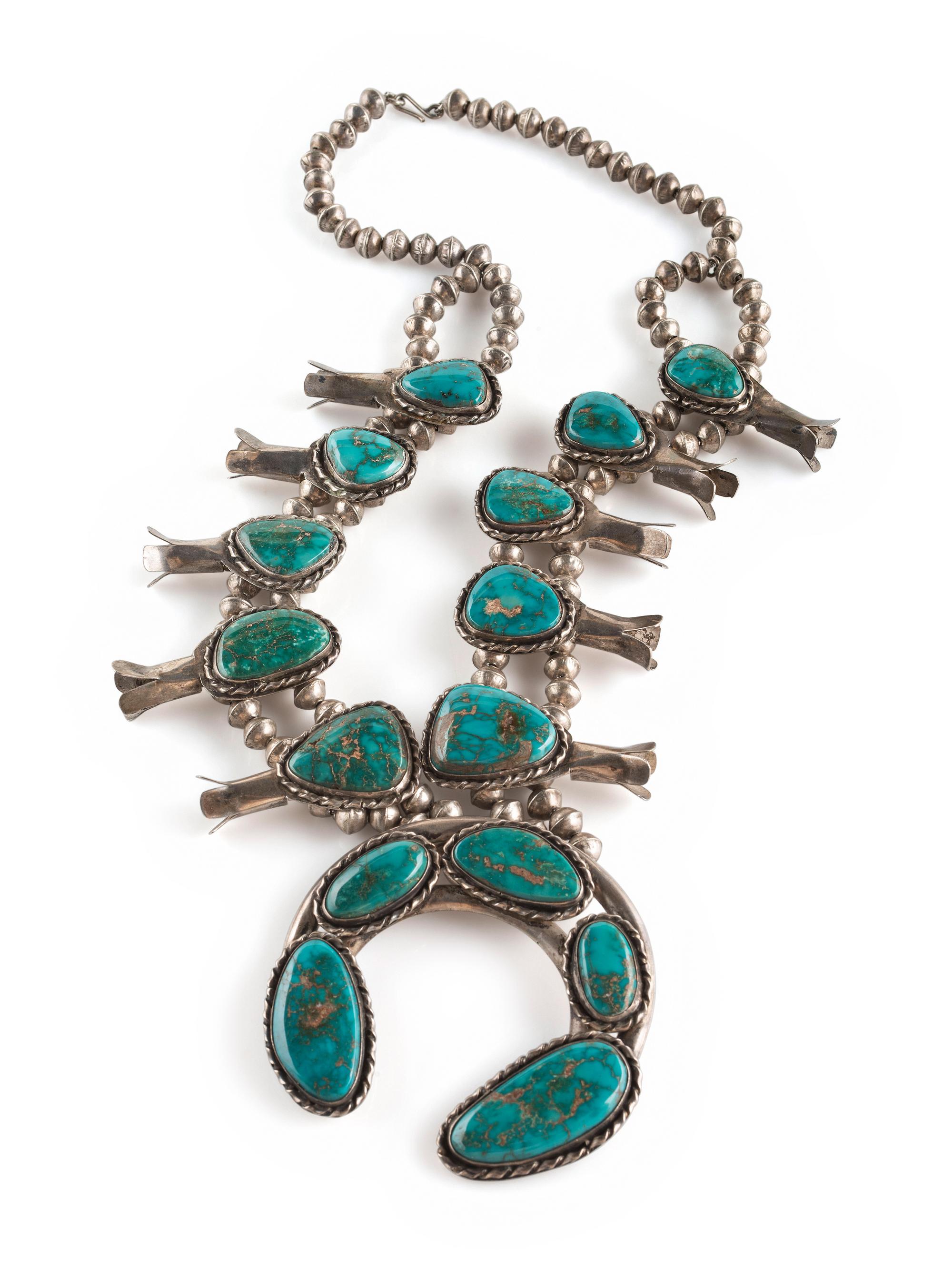 Navajo Blue Gem Turquoise Squash Blossom Necklace