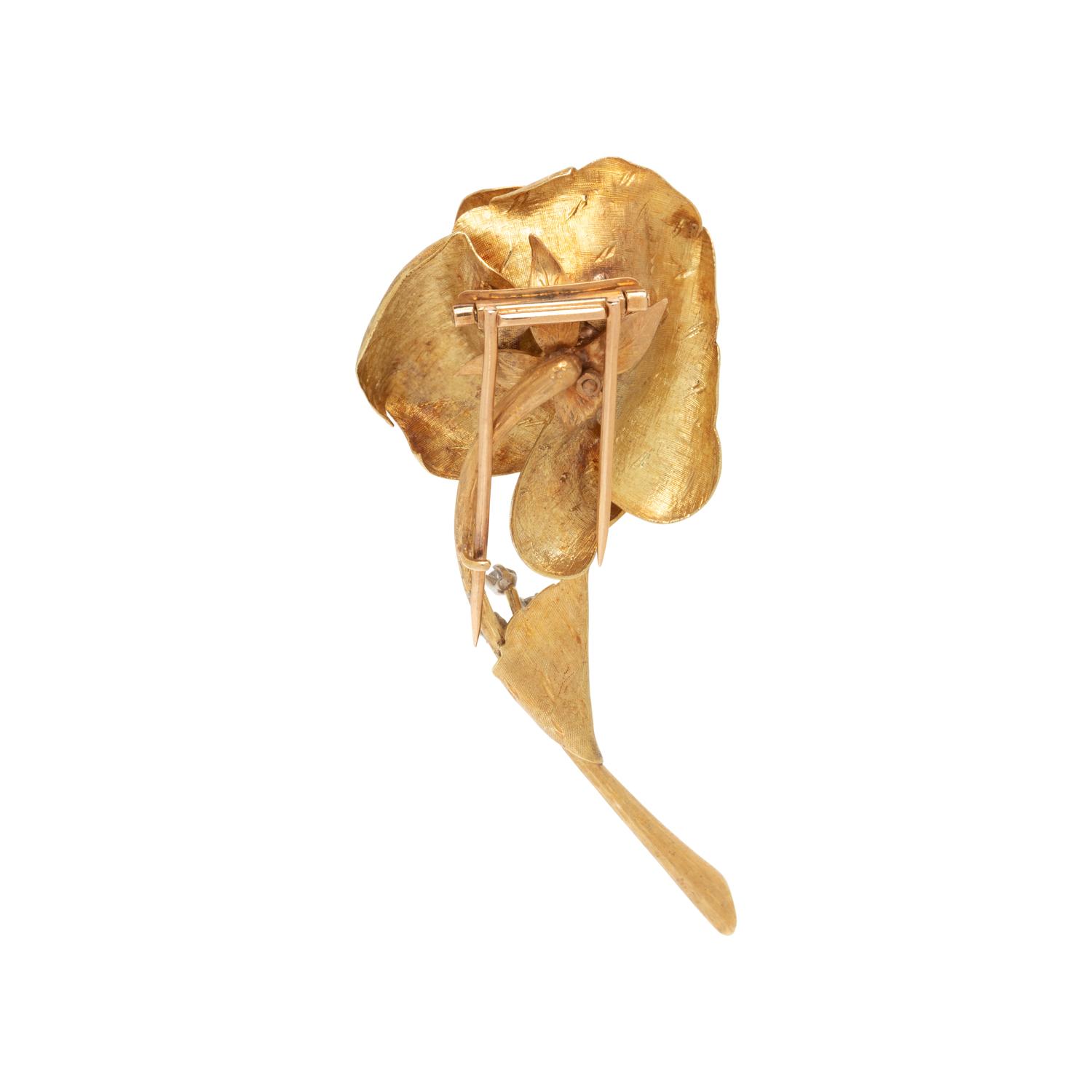 YELLOW GOLD AND DIAMOND ROSE BROOCH