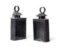 A Pair of Hanging Pierced Tinware and Glass Lanterns