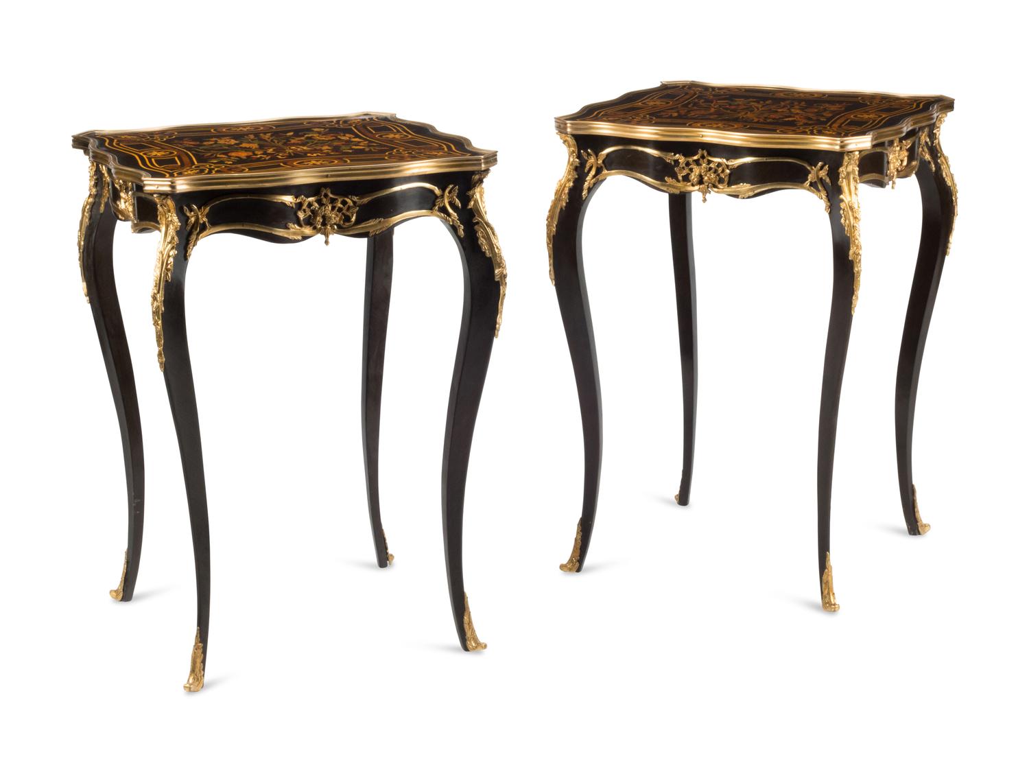 A Pair of Louis XV Style Gilt Bronze Mounted Marquetry Tables
