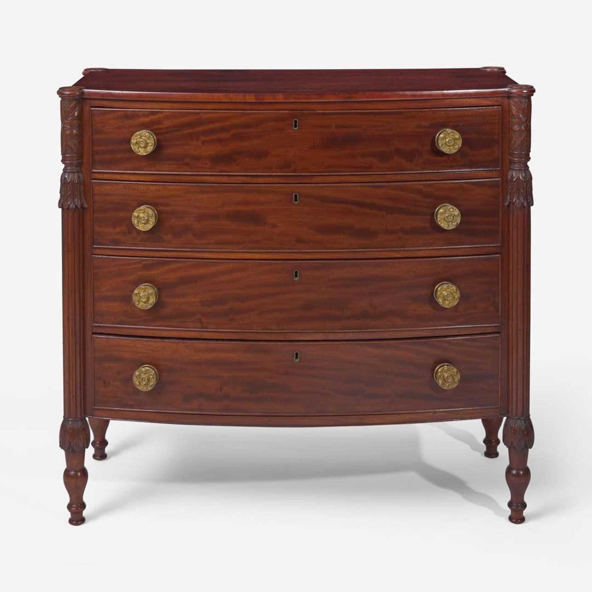 A Federal bowfront carved mahogany chest of drawers School of Samuel McIntire (1757-1811), Salem, MA, circa 1810