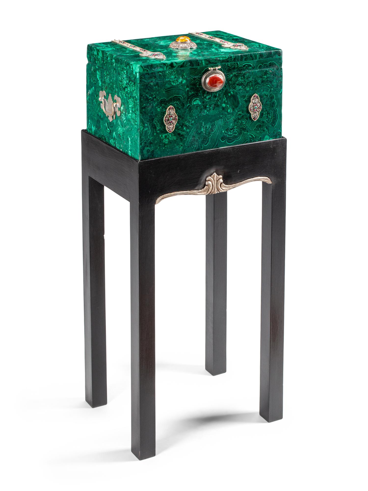 A Jeweled Silvered Filigree Mounted Malachite Casket on Stand