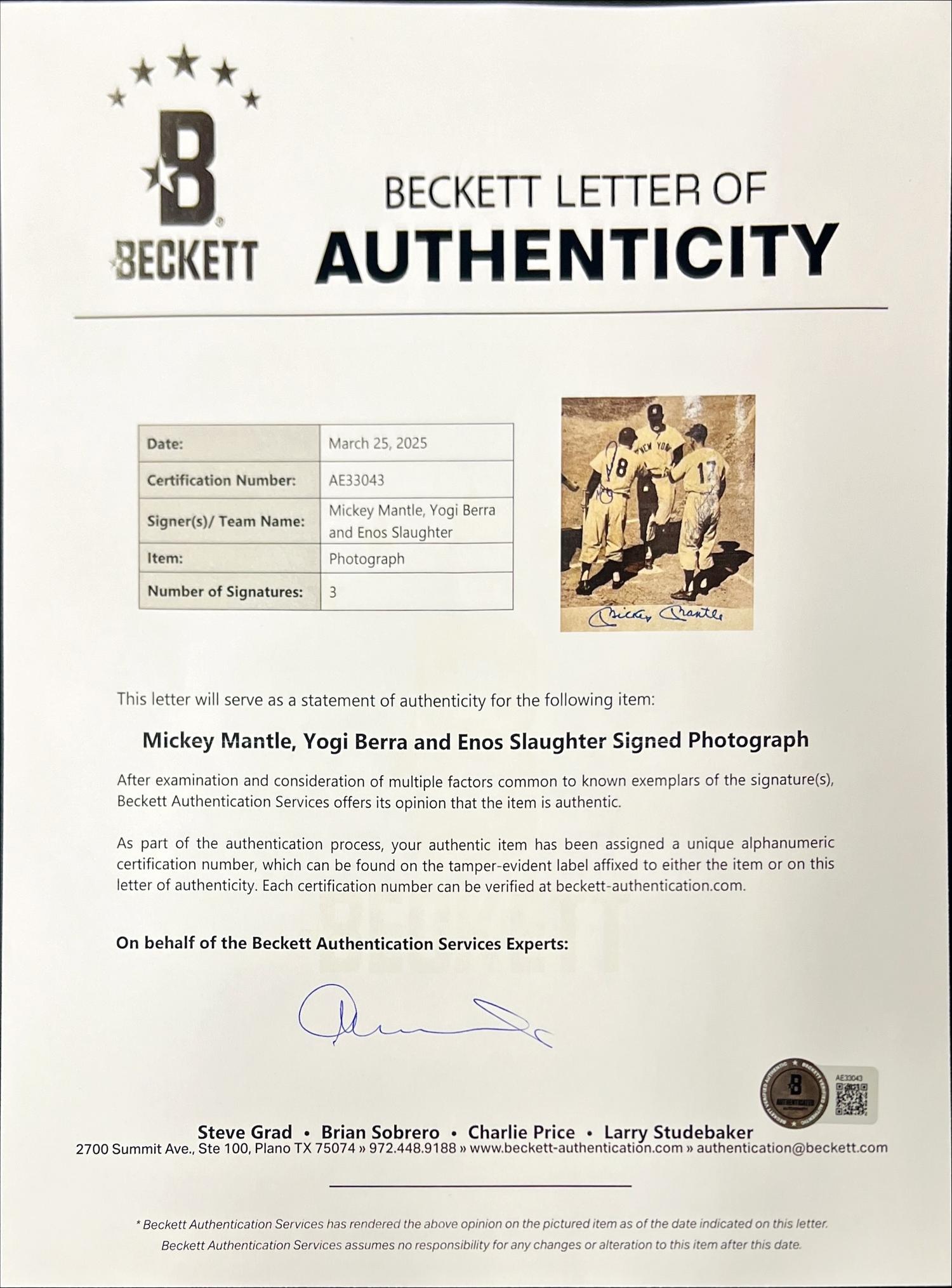 A 1956 World Series Game One Original News Photograph Signed by Mickey Mantle, Yogi Berra and Enos Slaughter (Beckett Authentication Services)