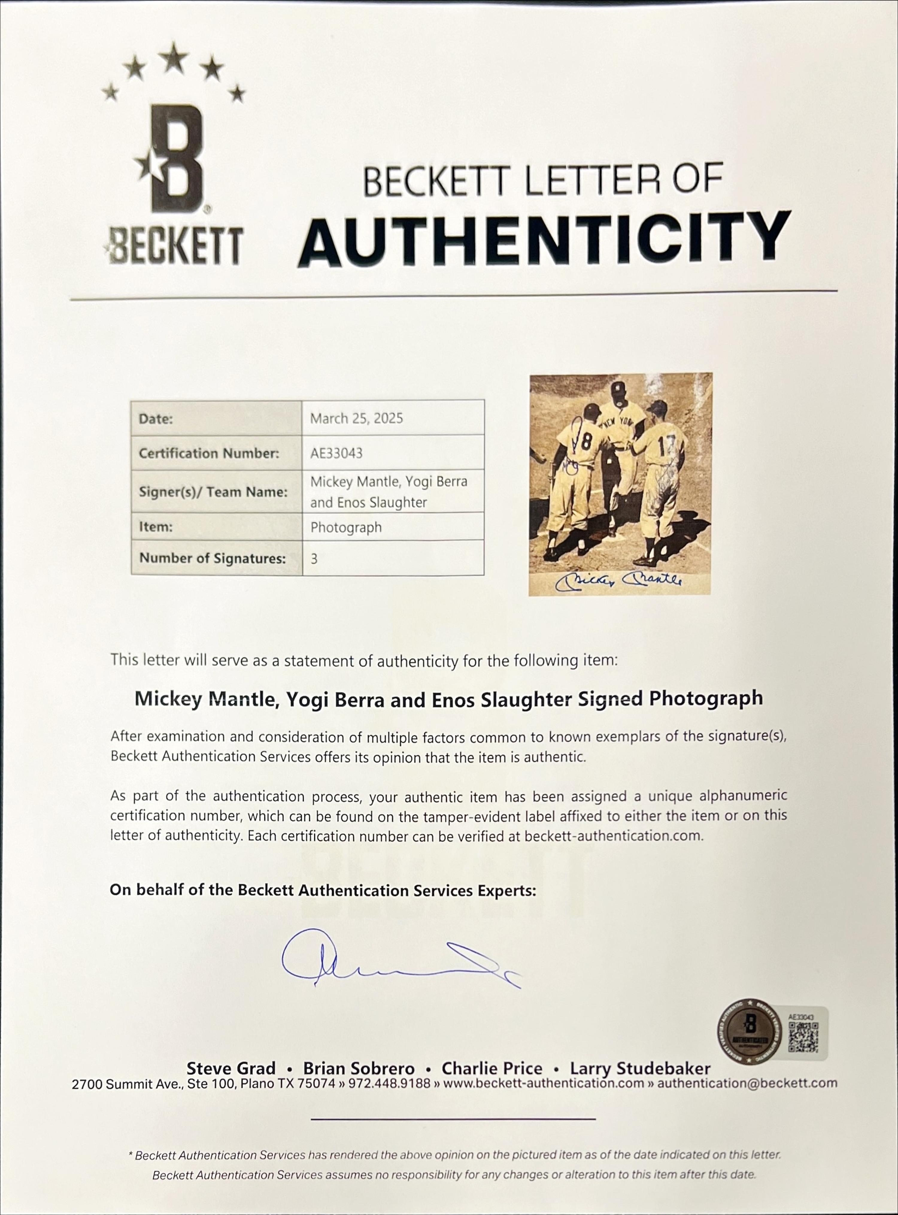 A 1956 World Series Game One Original News Photograph Signed by Mickey Mantle, Yogi Berra and Enos Slaughter (Beckett Authentication Services)