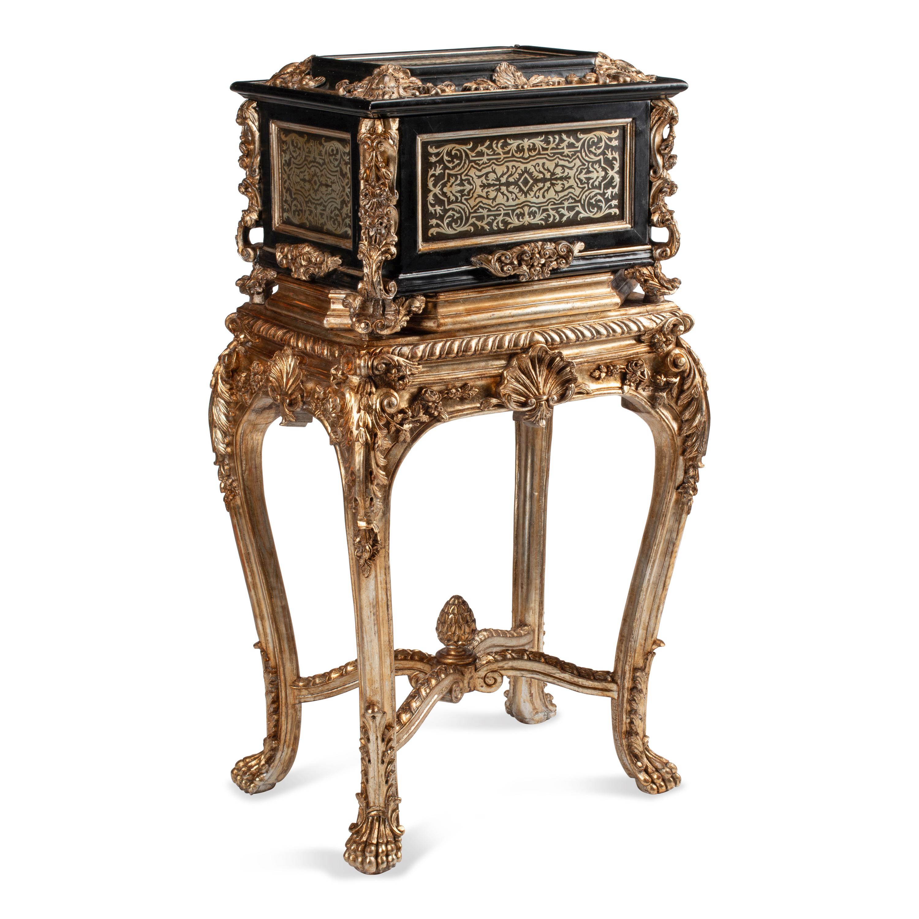 A French Metal-Inlaid Box on Silvered Wood Stand