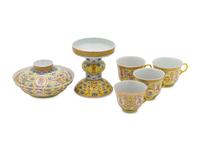 Six Chinese Famille Jaune 'Shou' Roundel Porcelain Wares