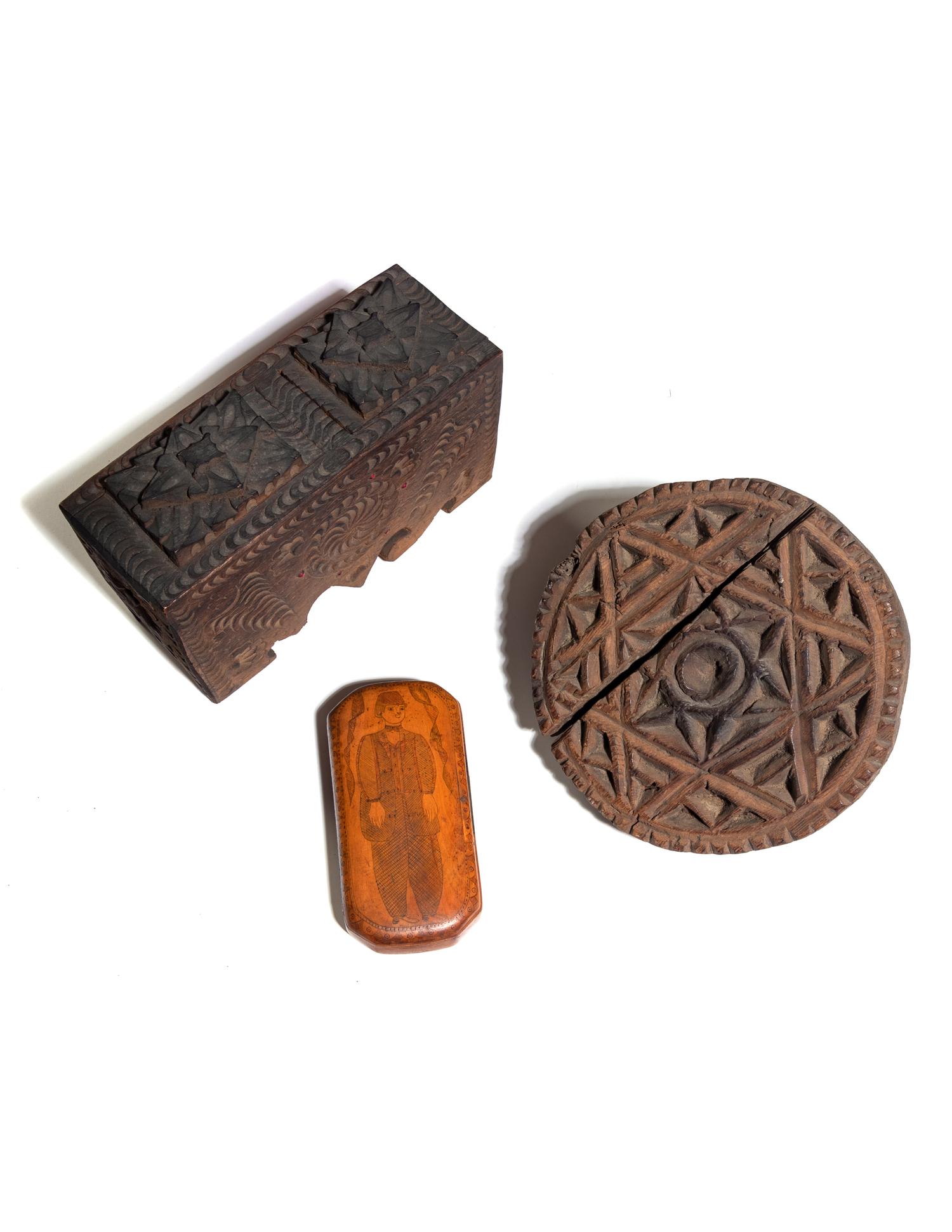 A Carved Olivewood Work Box or Jewelry Casket and Other Articles