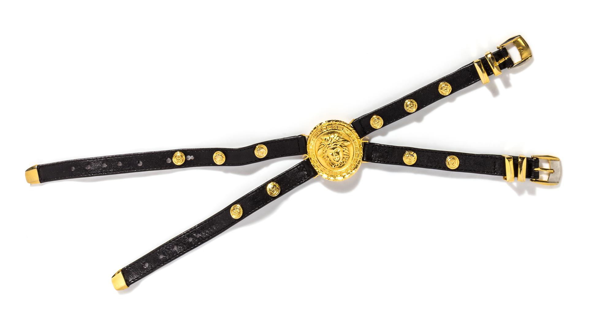 A Gianni Versace Black Leather Double Strand Choker, Top strap: 18"; Bottom strap: 16".