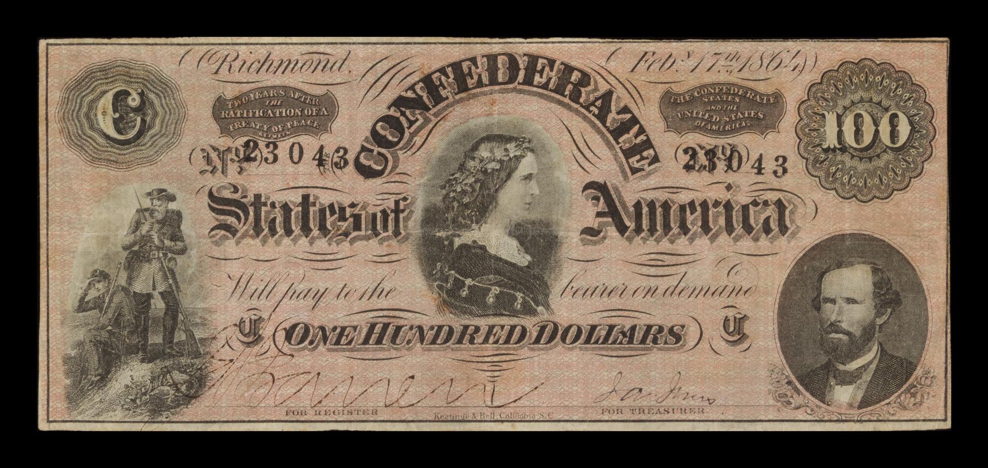 A Confederate States of American 1865 T-65 $100 Note