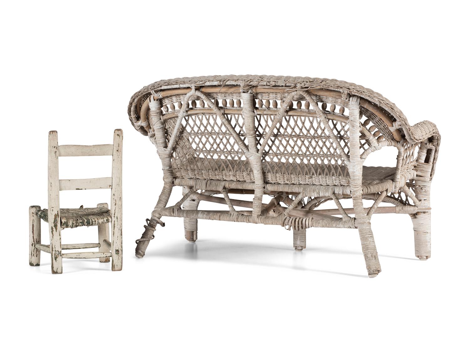 A White Painted Child's Wicker Settee and Chair