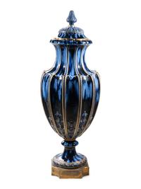 A Large Sèvres Cobalt-Glazed and Parcel Gilt Porcelain Presentation Vase and Cover of Ambassadorial Interest