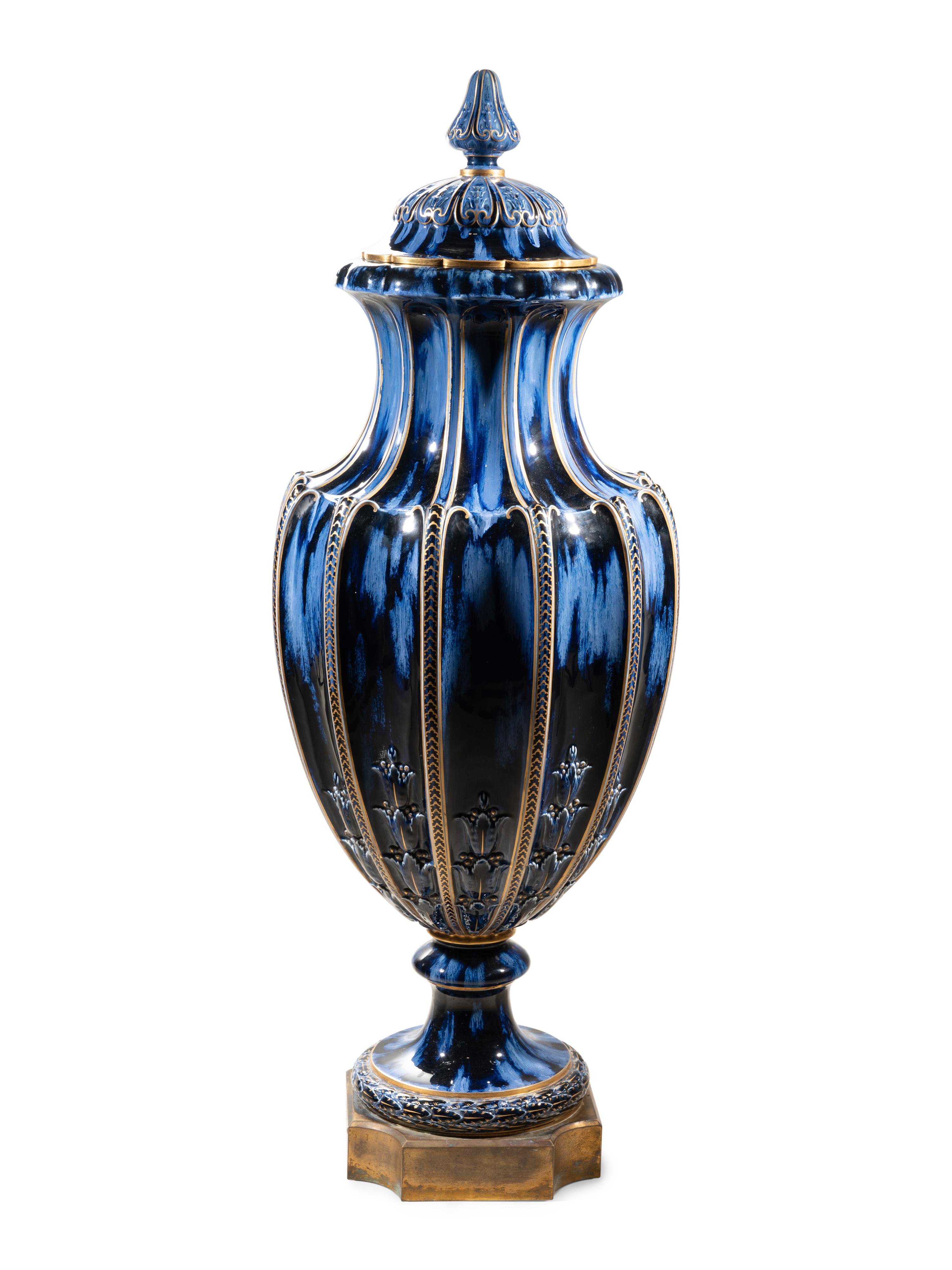 A Large Sèvres Cobalt-Glazed and Parcel Gilt Porcelain Presentation Vase and Cover of Ambassadorial Interest
