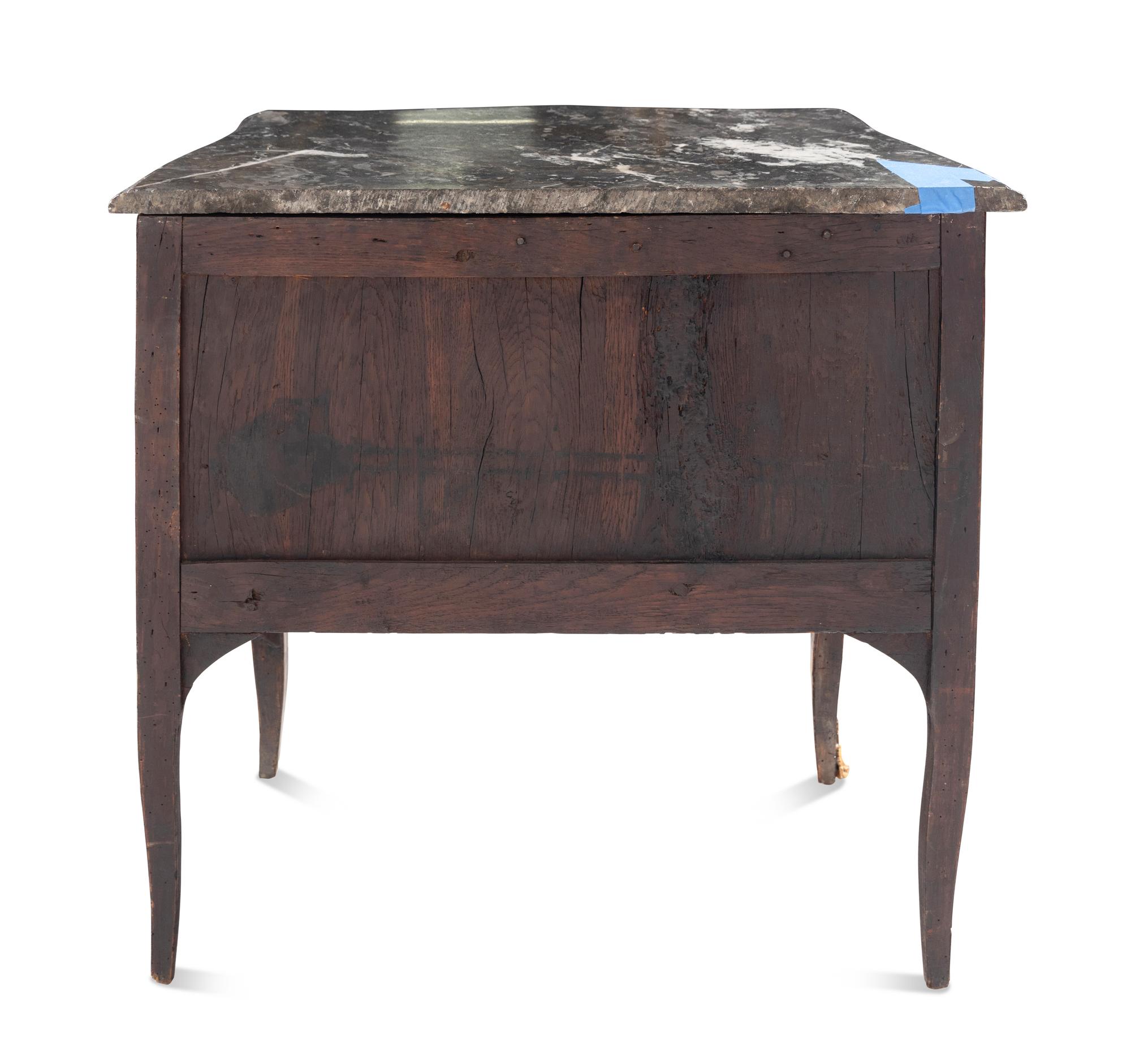 A Transitional Gilt Bronze Mounted Kingwood and Fruitwood Marble-Top Commode