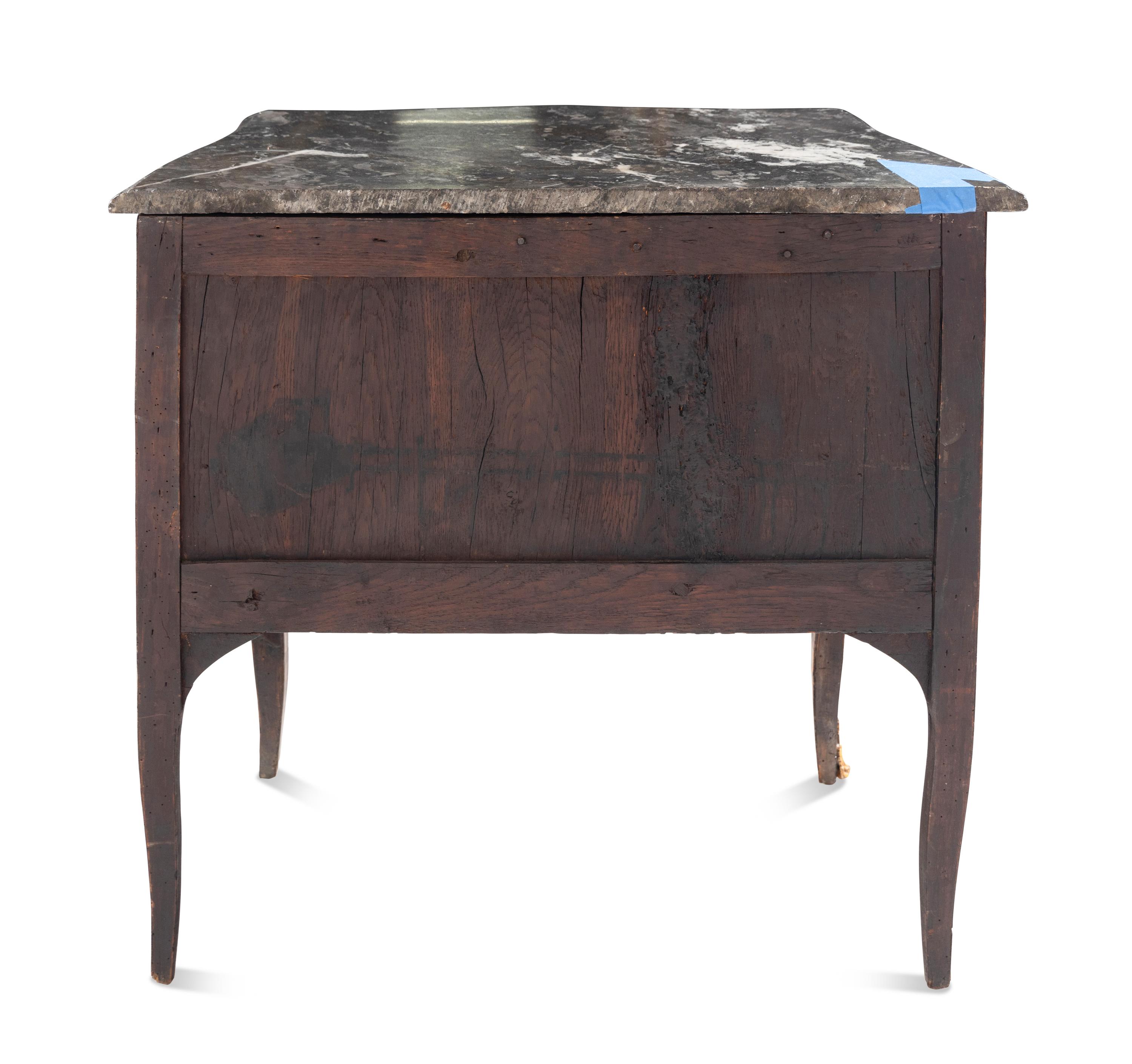 A Transitional Gilt Bronze Mounted Kingwood and Fruitwood Marble-Top Commode