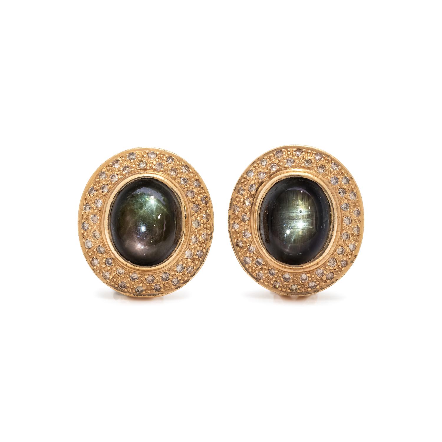 BLACK STAR SAPPHIRE, DIAMOND, AND YELLOW GOLD EARRINGS