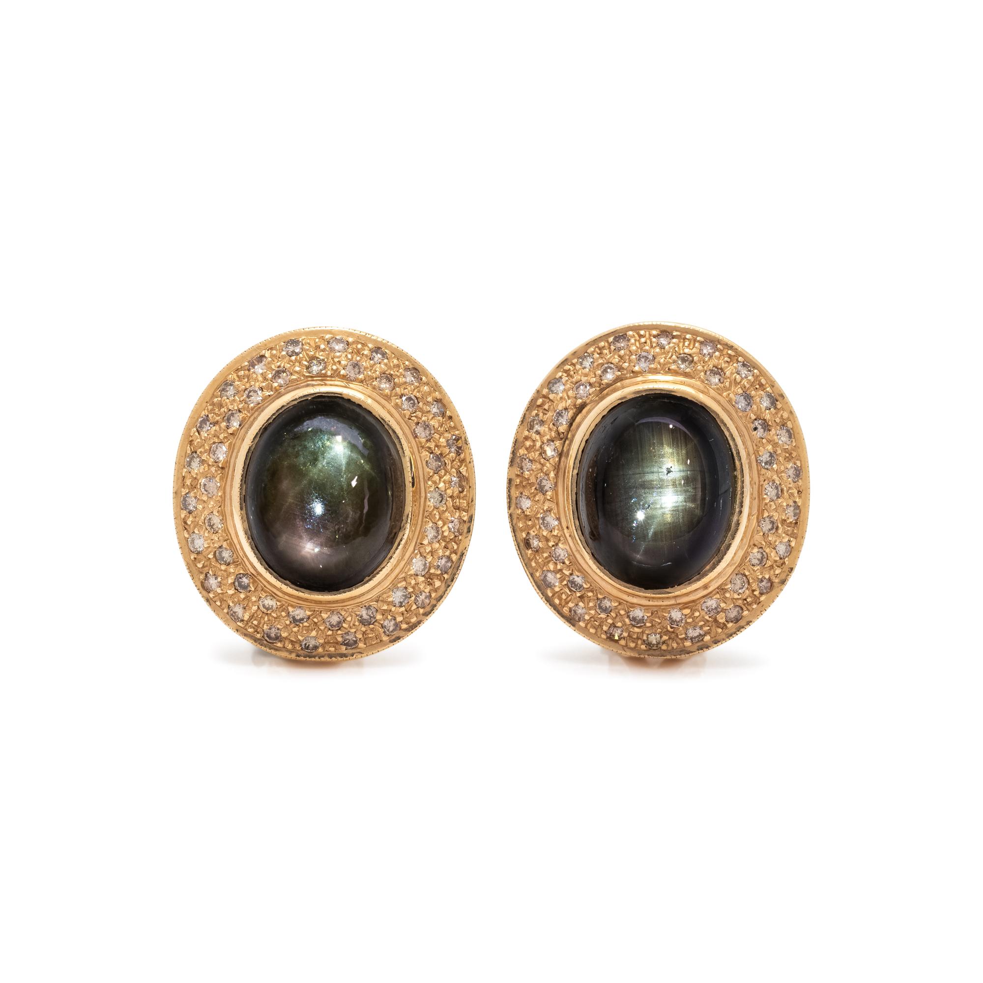 BLACK STAR SAPPHIRE, DIAMOND, AND YELLOW GOLD EARRINGS