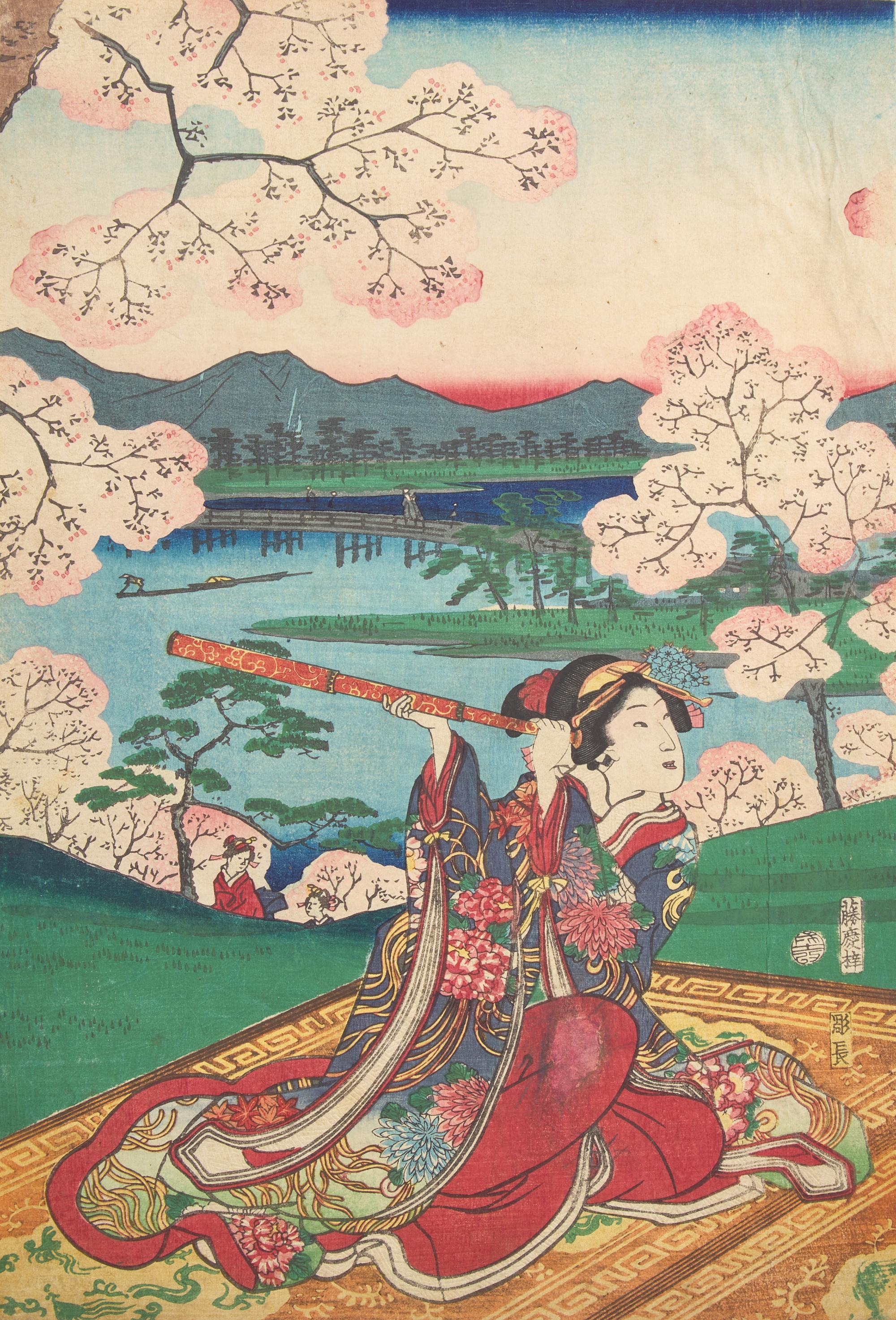 Three Japanese Woodblock Triptychs, including Hiroshige, Hiroshige II and Kunisada
