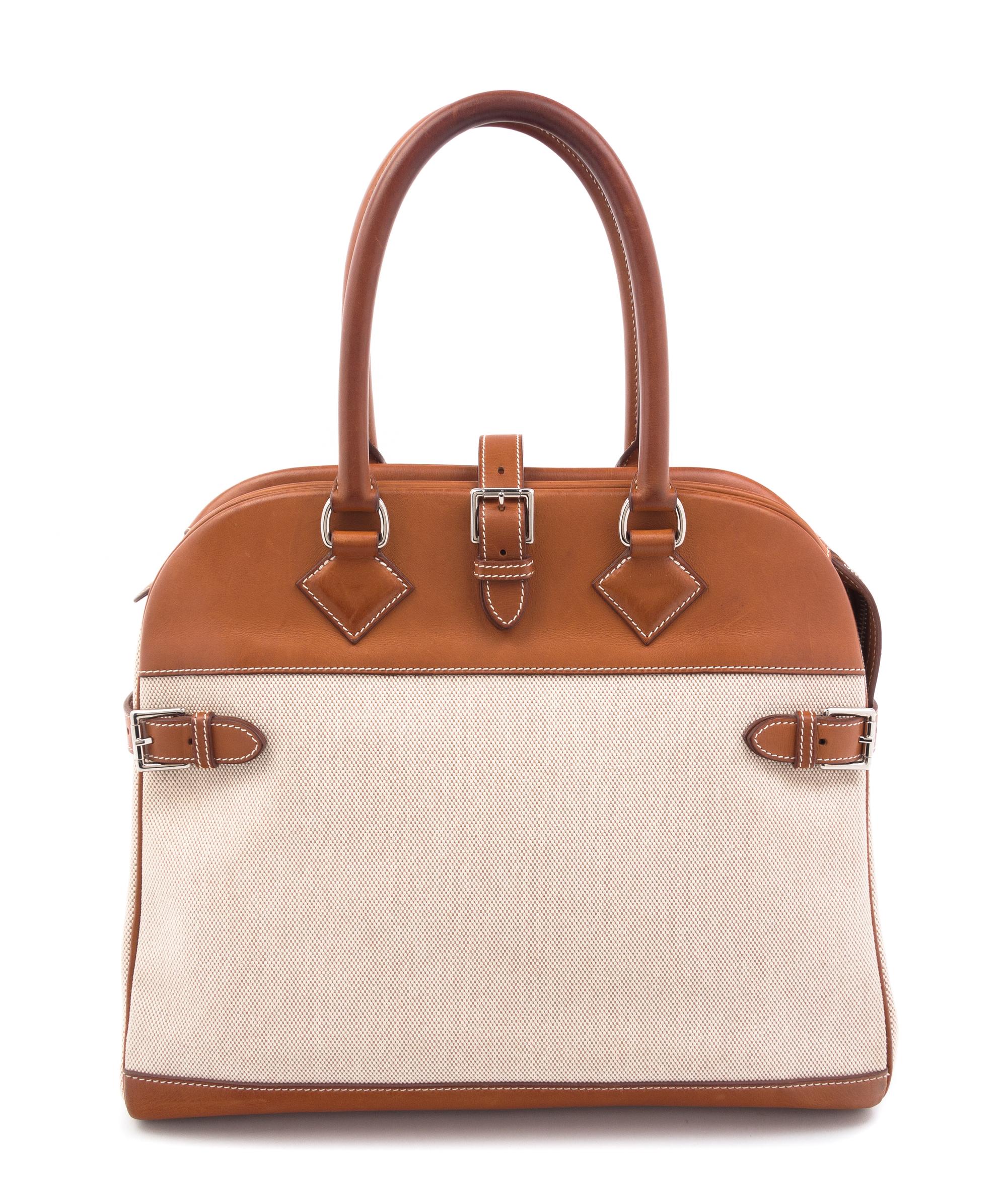 An Hermes Brown Leather and Canvas 35cm Atlas Handbag, 14" x 12" x 5".