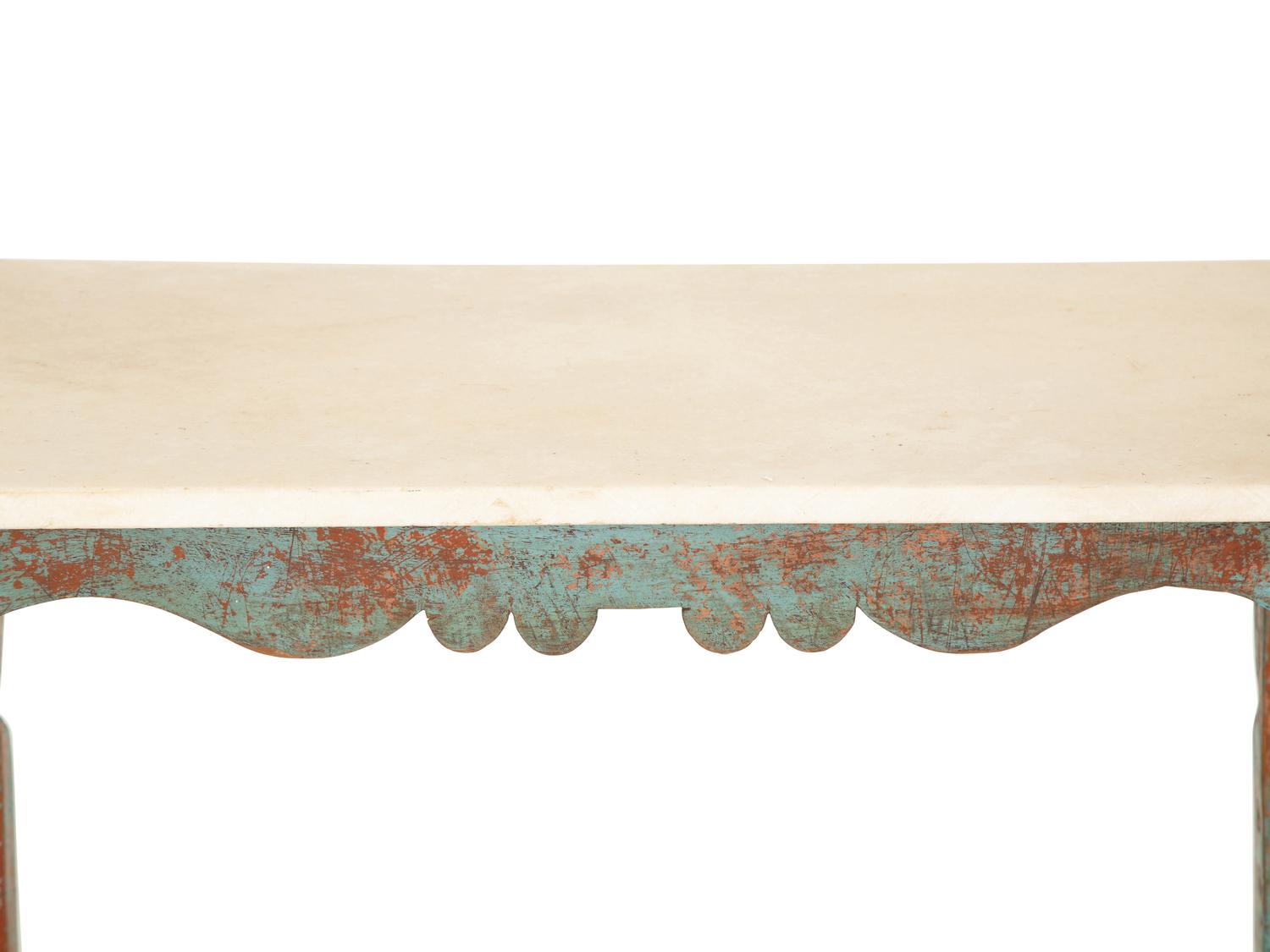 A Swedish Carved and Painted Oak White Marble Top Table — 19th/20th Century
