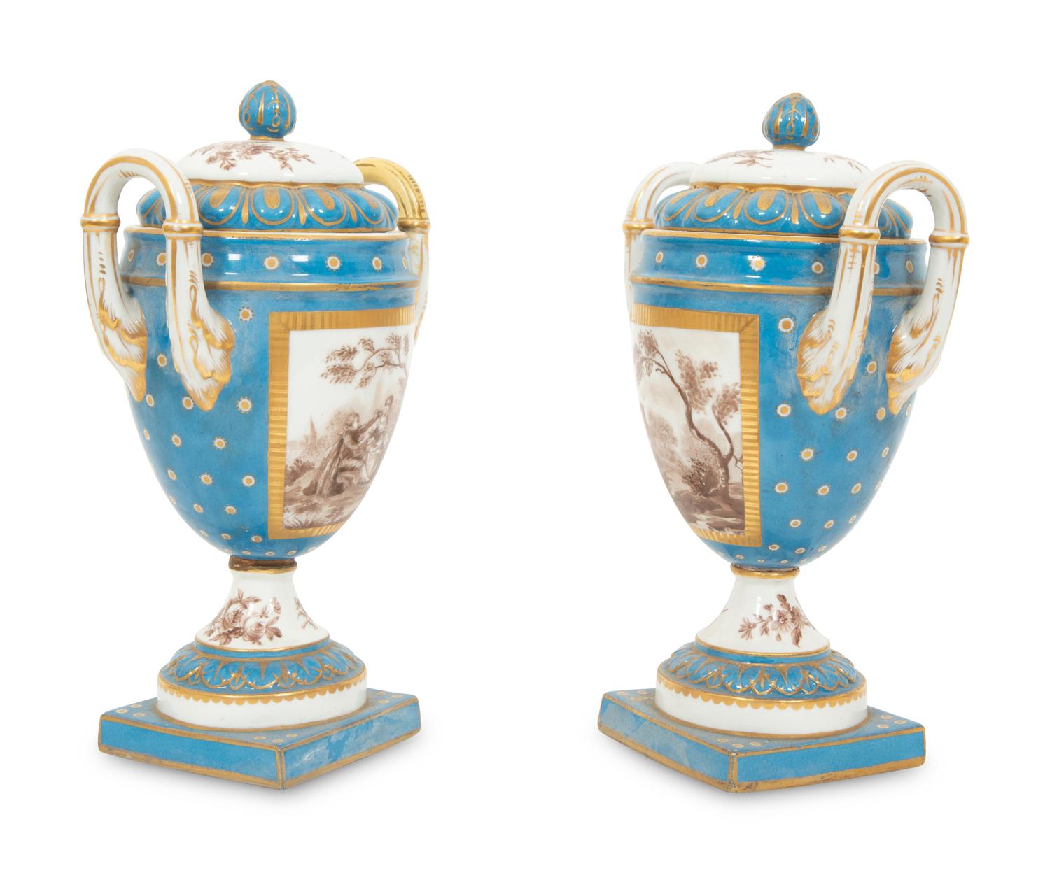 A Pair of S è vres Style Porcelain Covered Urns