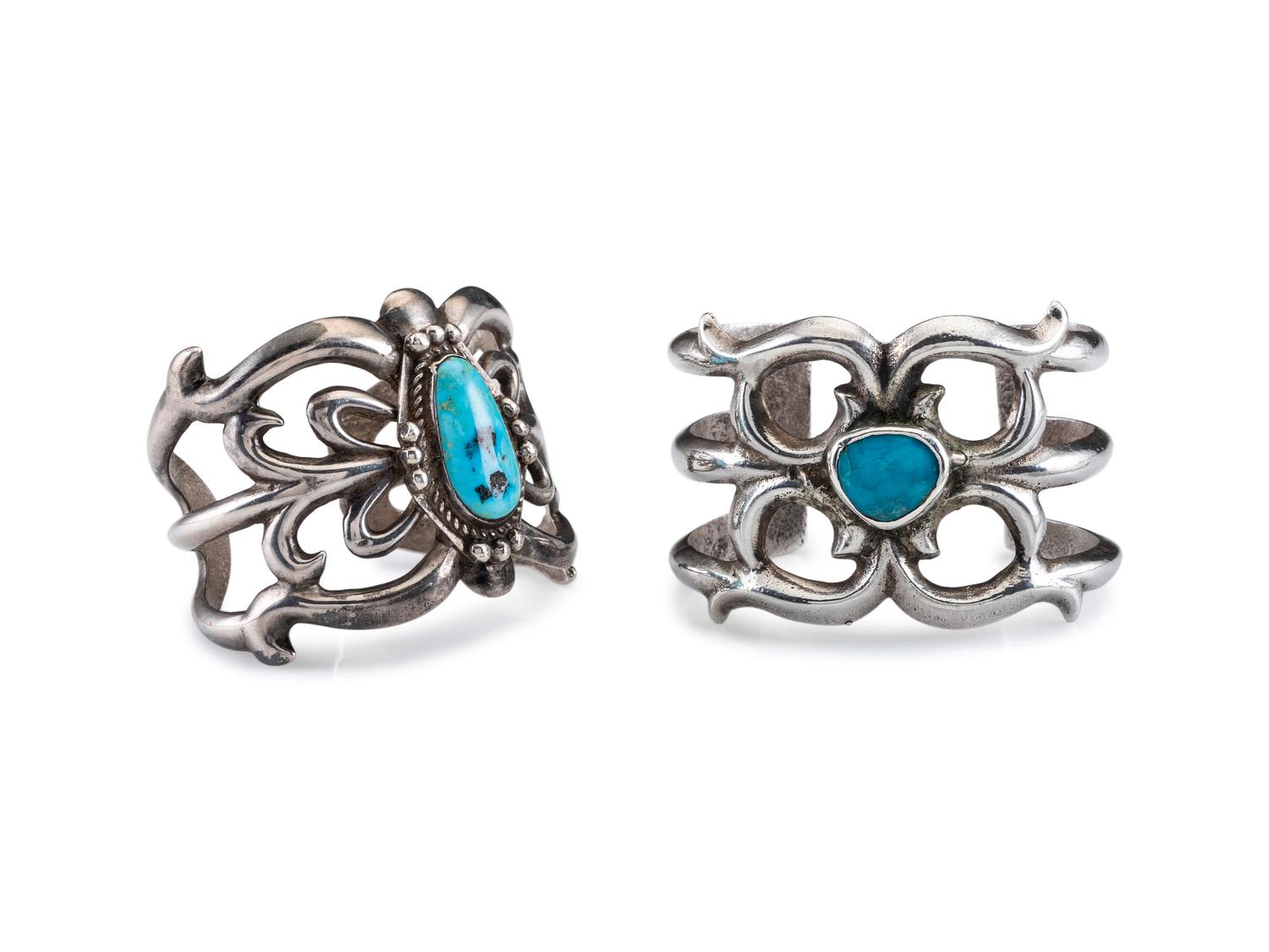 Navajo Sandcast Silver and Turquoise Cuff Bracelets