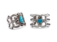 Navajo Sandcast Silver and Turquoise Cuff Bracelets
