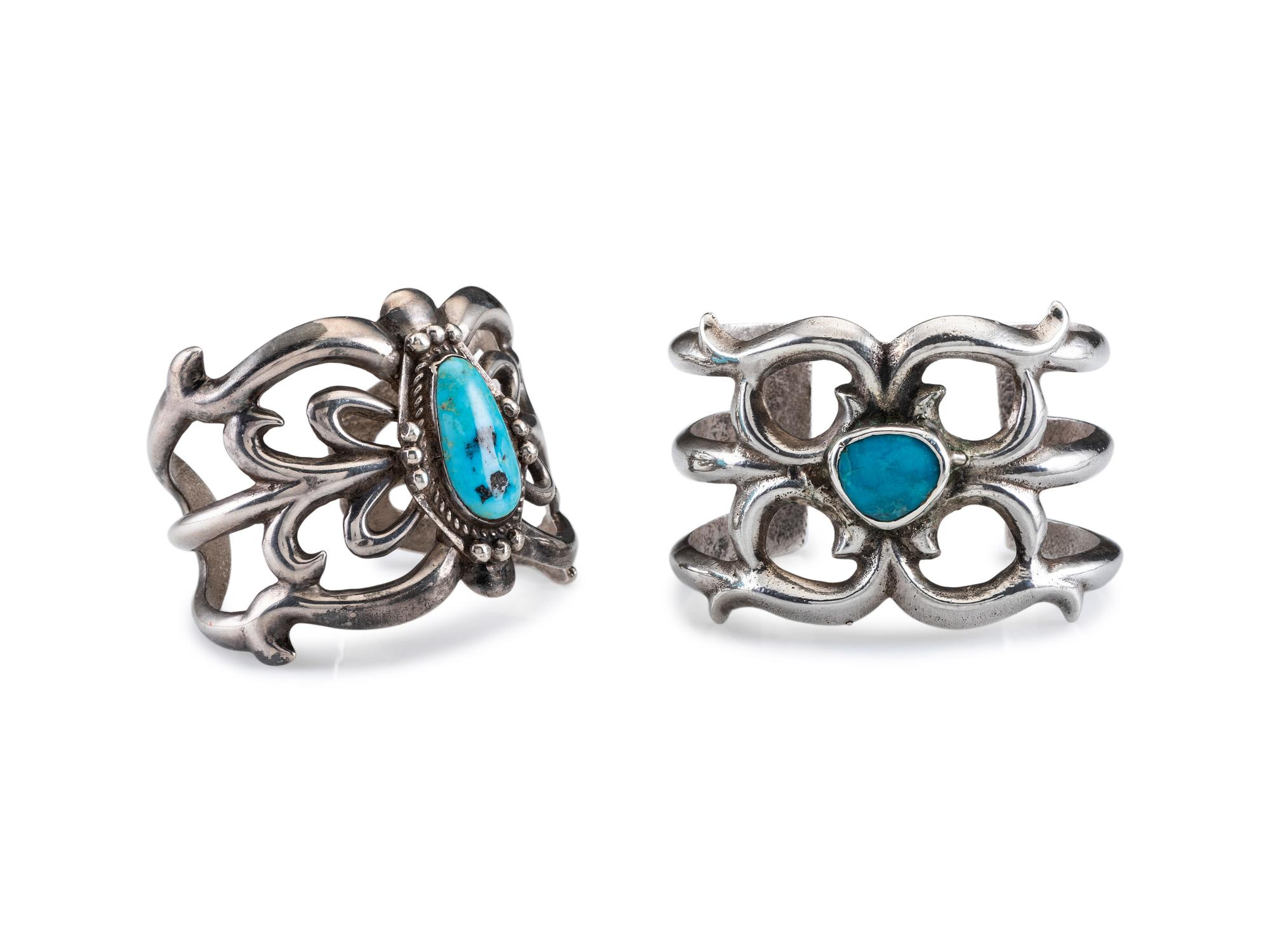 Navajo Sandcast Silver and Turquoise Cuff Bracelets