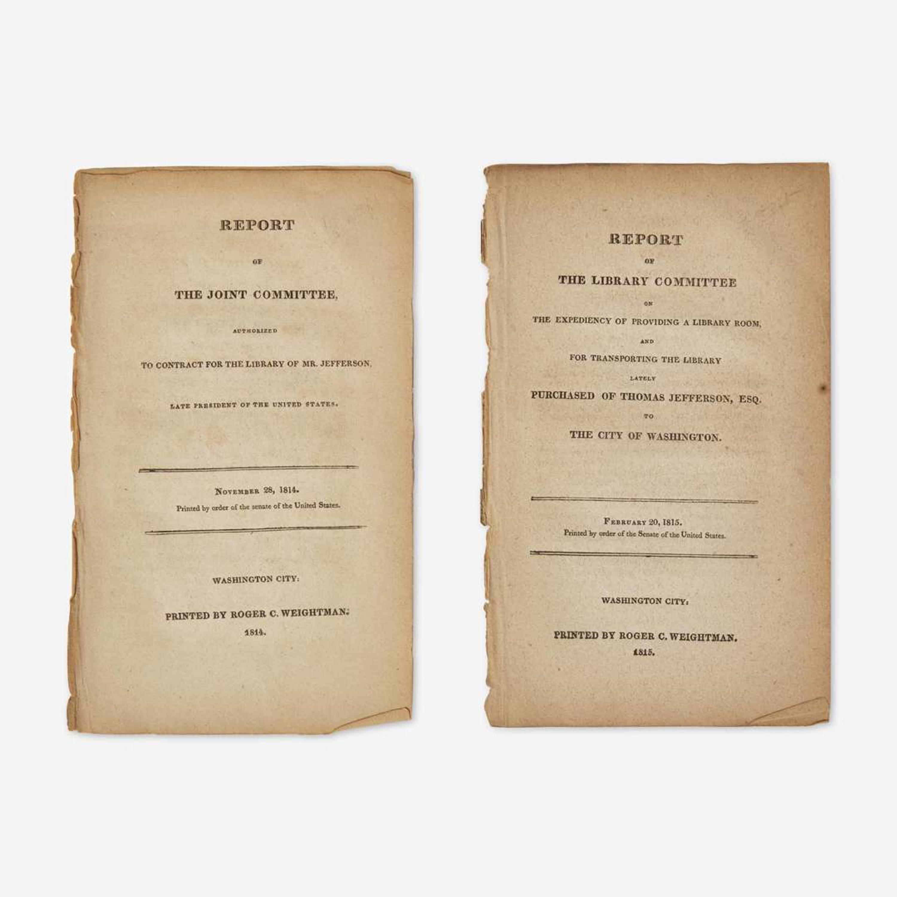 [Americana] [Jefferson, Thomas] Group of 2 Reports on Thomas Jefferson's Library