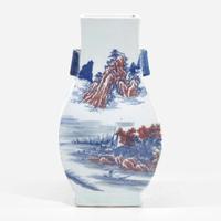 A Chinese underglaze blue and red-decorated vase, fanghu 青花釉里红方壶
