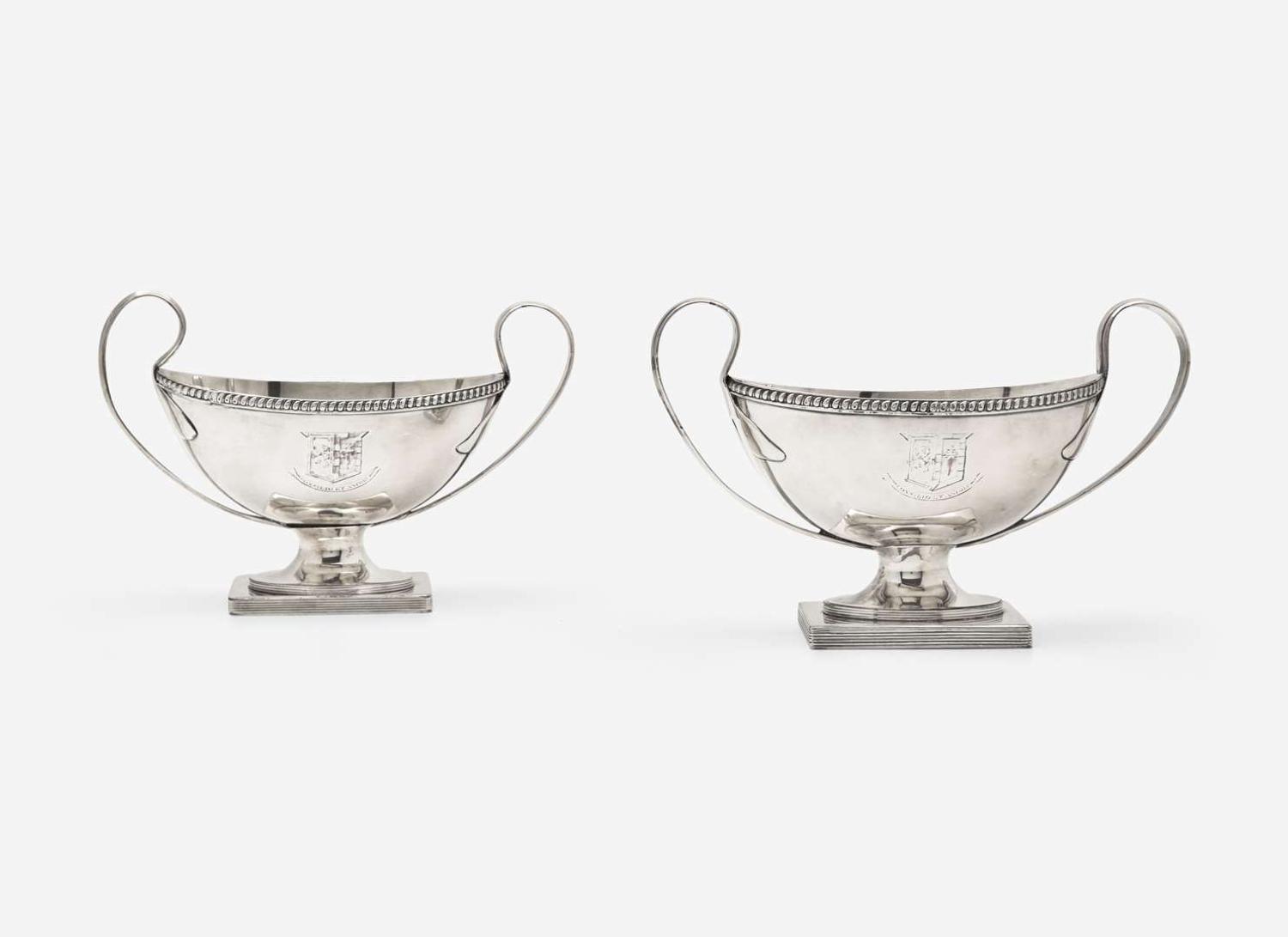 A pair of George III Sheffield plate sauce tureens, late 18th / early 19th century