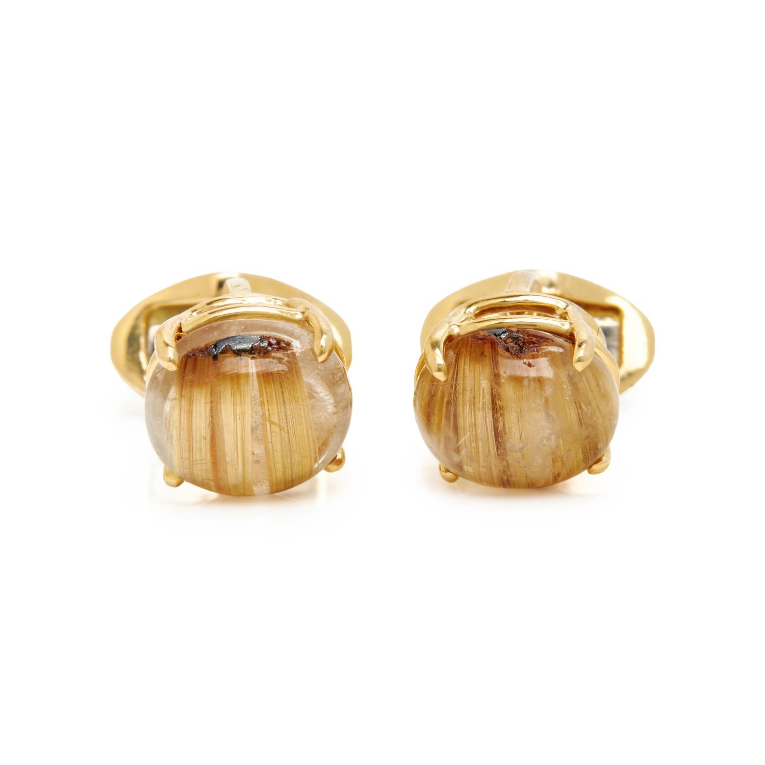 YELLOW GOLD AND CAT'S EYE RUTILATED QUARTZ CUFFLINKS