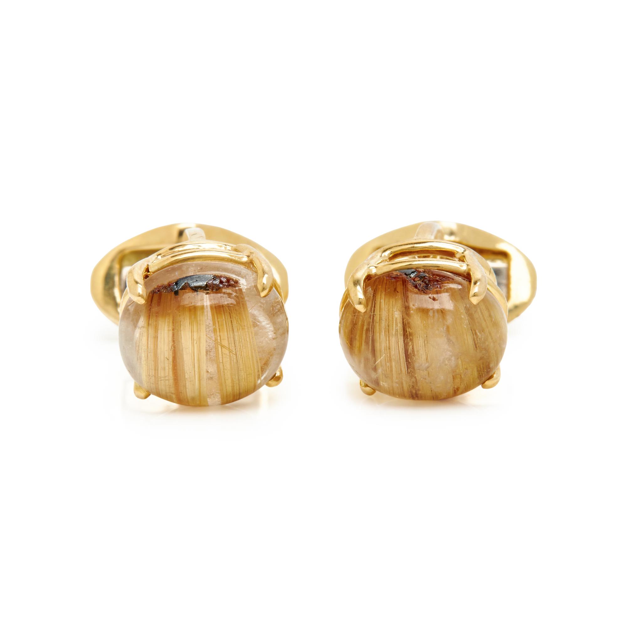 YELLOW GOLD AND CAT'S EYE RUTILATED QUARTZ CUFFLINKS