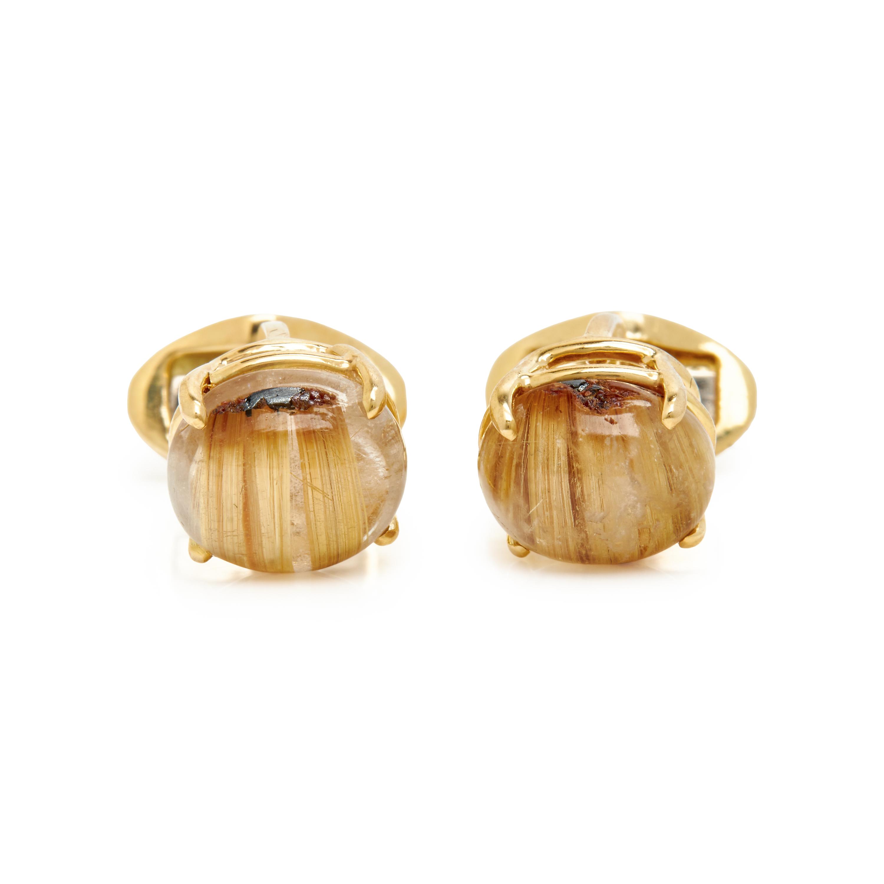 YELLOW GOLD AND CAT'S EYE RUTILATED QUARTZ CUFFLINKS