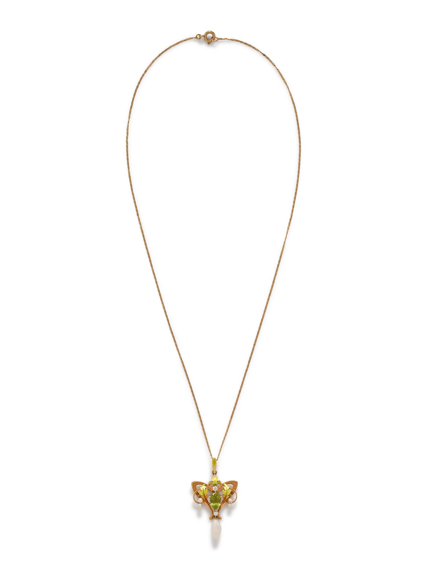 ART NOUVEAU, PERIDOT, DIAMOND, PEARL AND ENAMEL PENDANT/NECKLACE