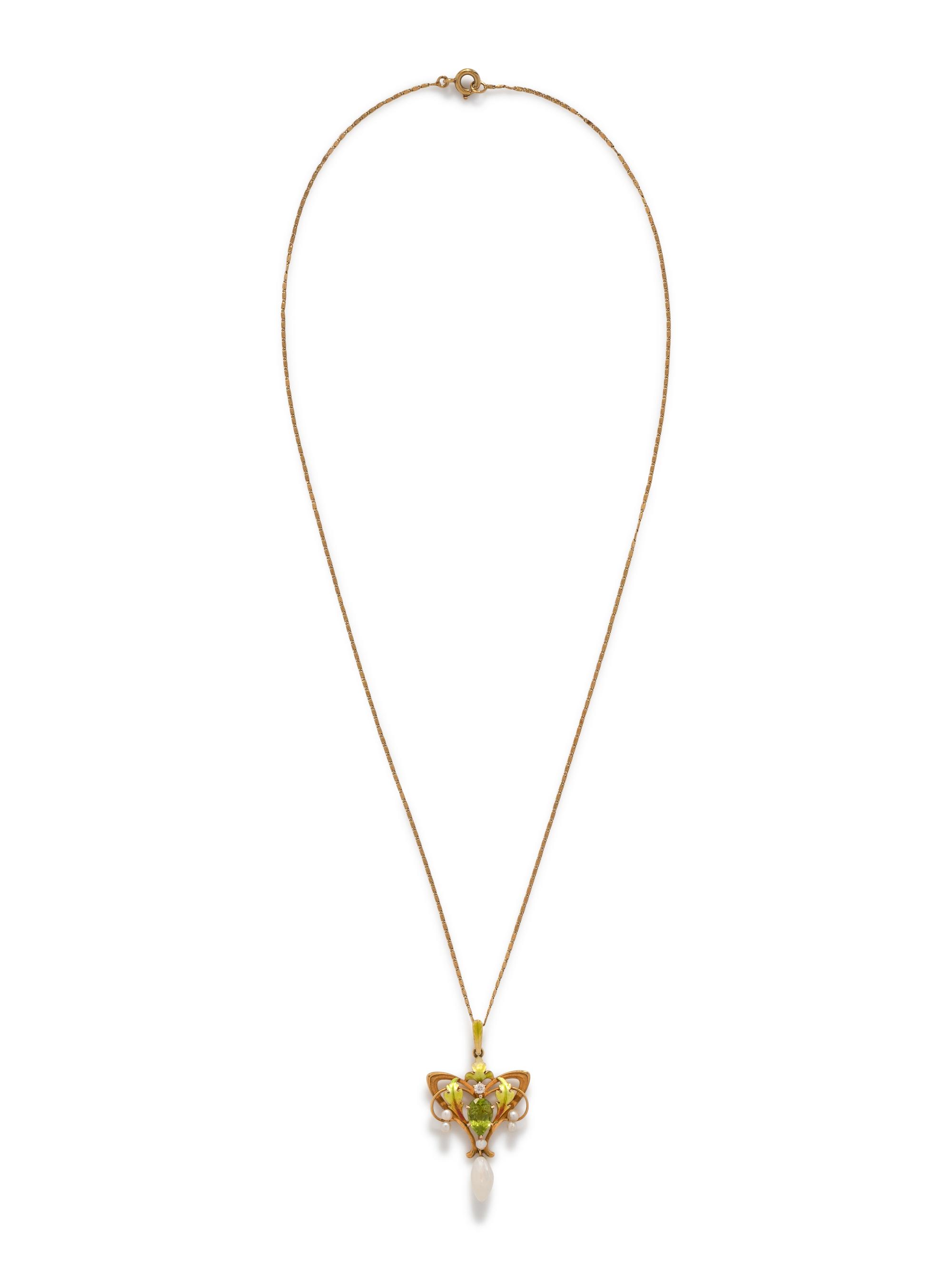 ART NOUVEAU, PERIDOT, DIAMOND, PEARL AND ENAMEL PENDANT/NECKLACE