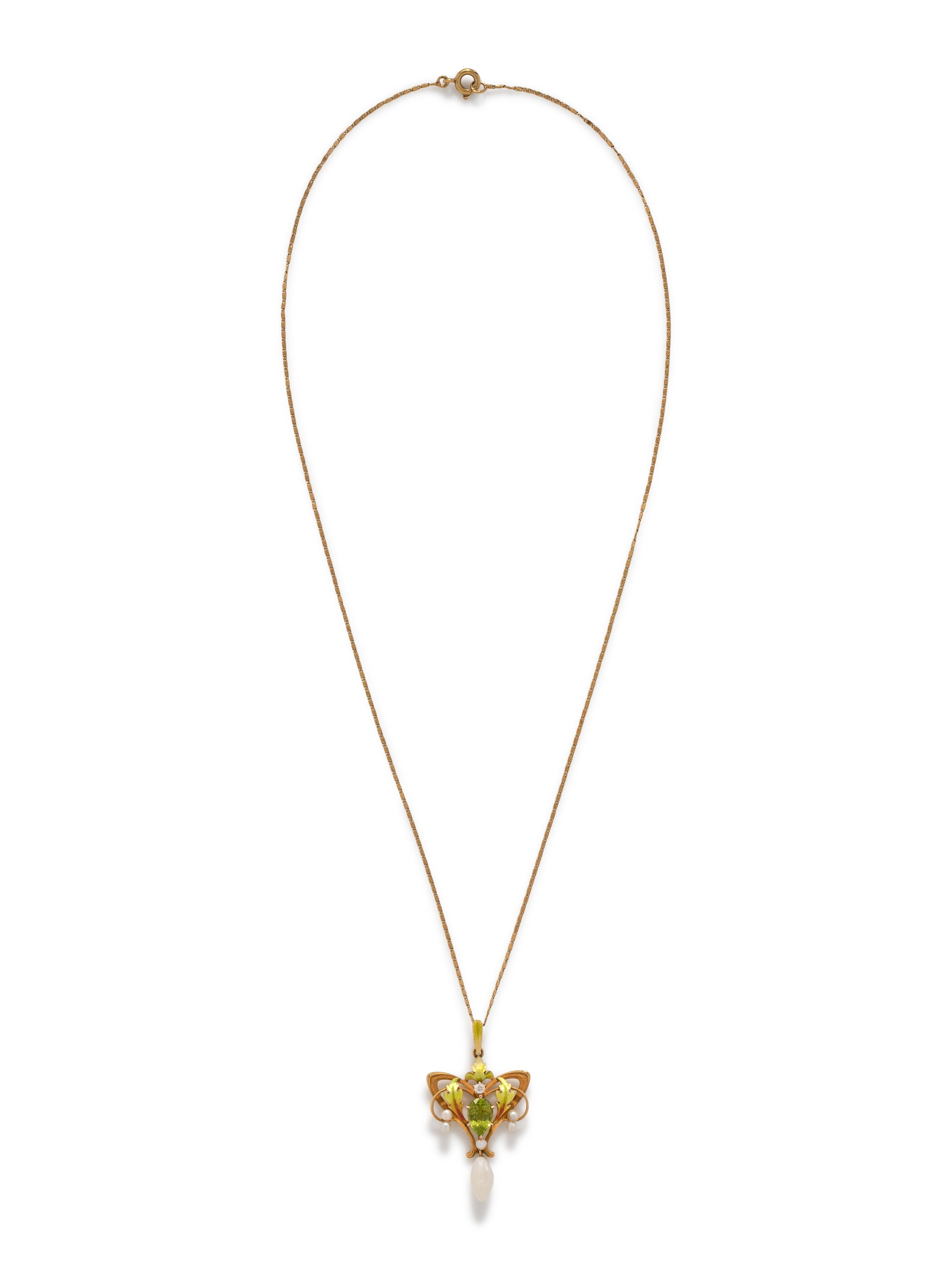 ART NOUVEAU, PERIDOT, DIAMOND, PEARL AND ENAMEL PENDANT/NECKLACE