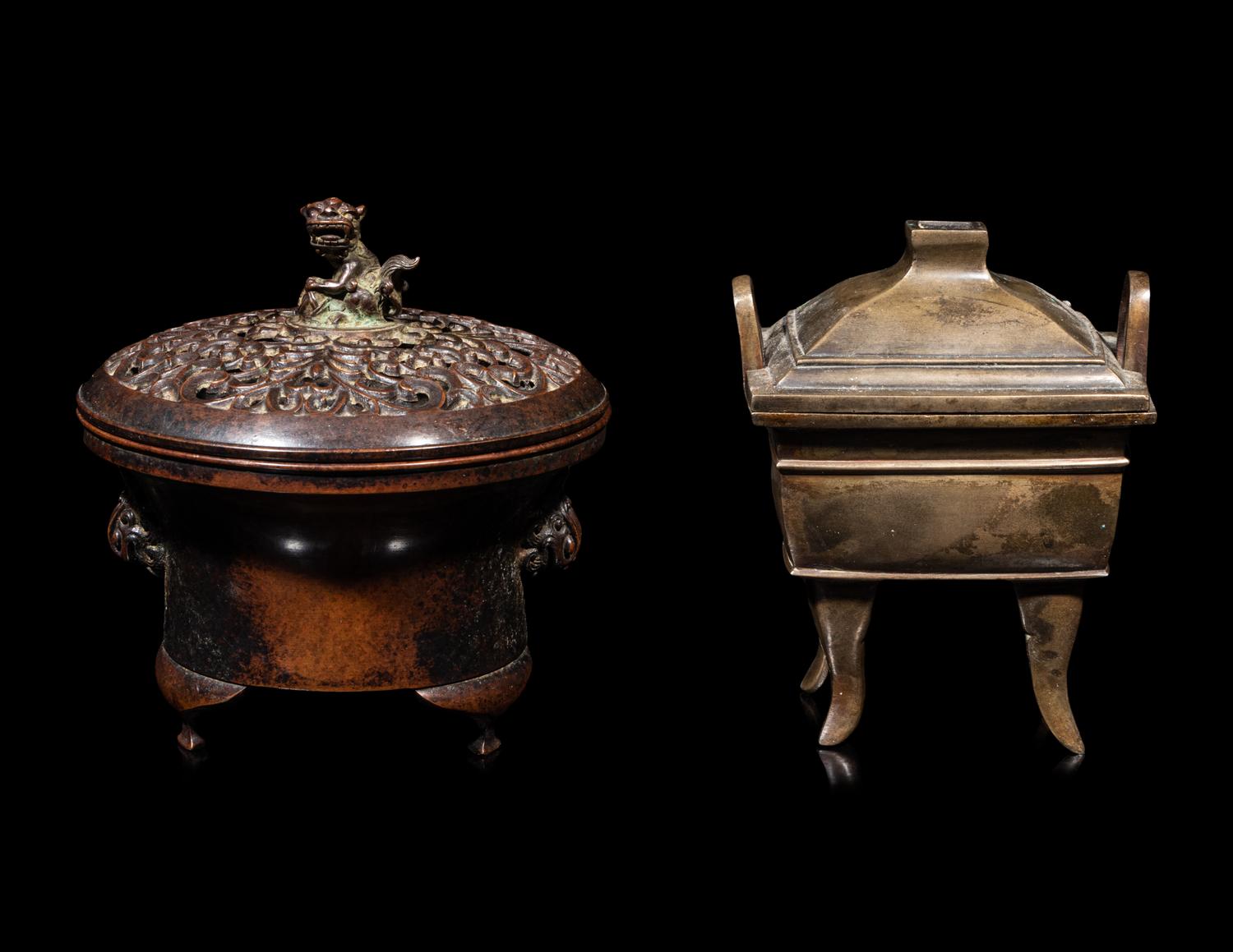 Two Chinese Bronze Incense Burners and Covers