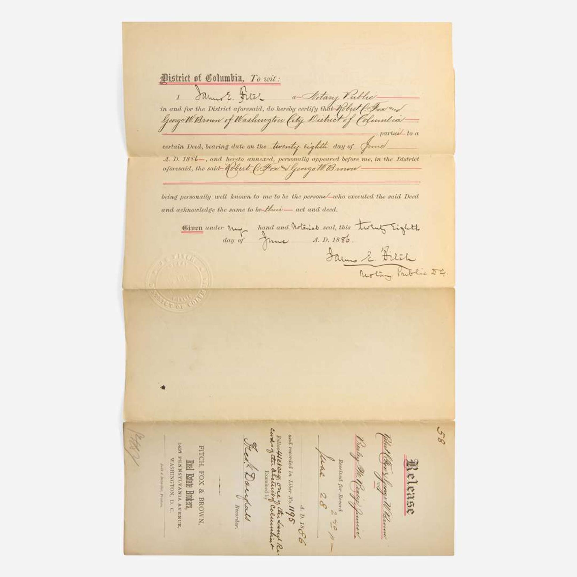 [African Americana] Douglass, Frederick Partially-Printed Document, signed