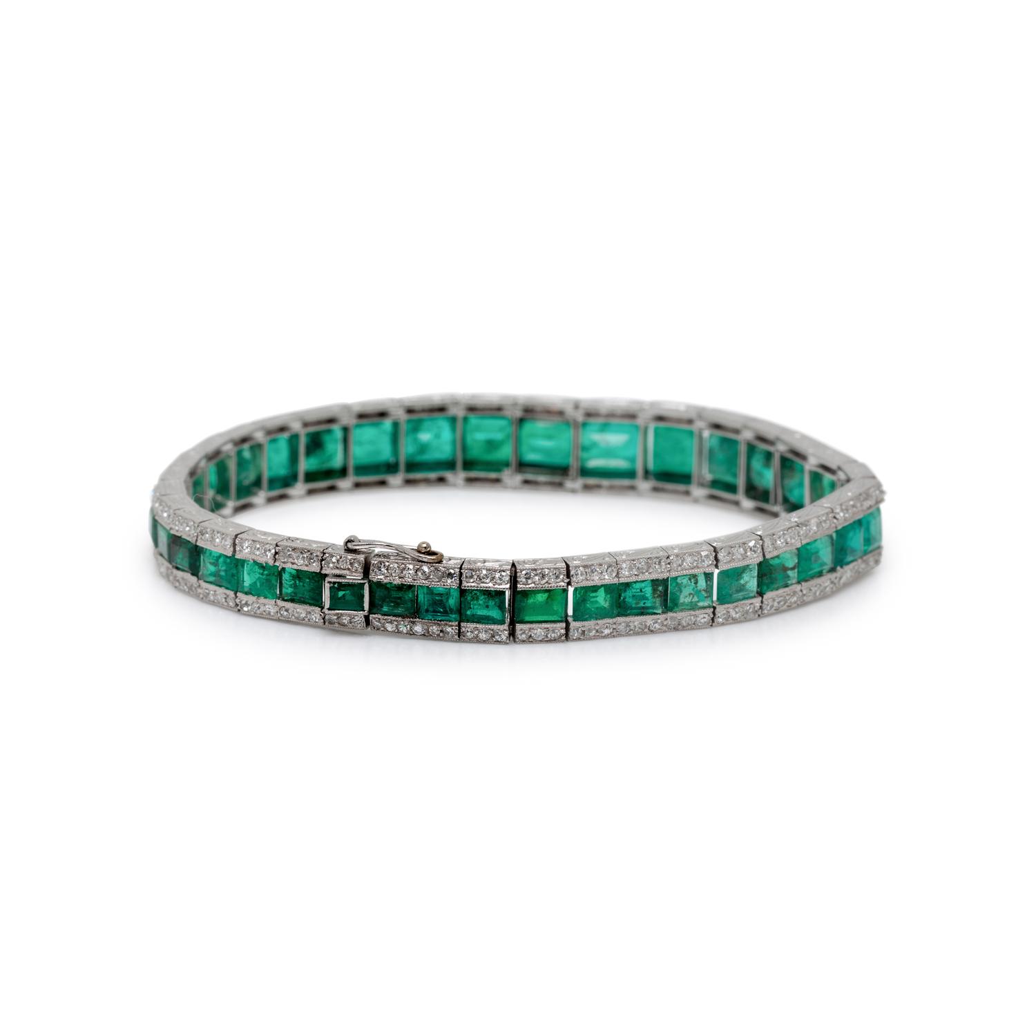 JANESICH, ART DECO, FRENCH, EMERALD AND DIAMOND LINE BRACELET