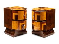 A Pair of Art Deco Style Burlwood and Parquetry Bedside Tables