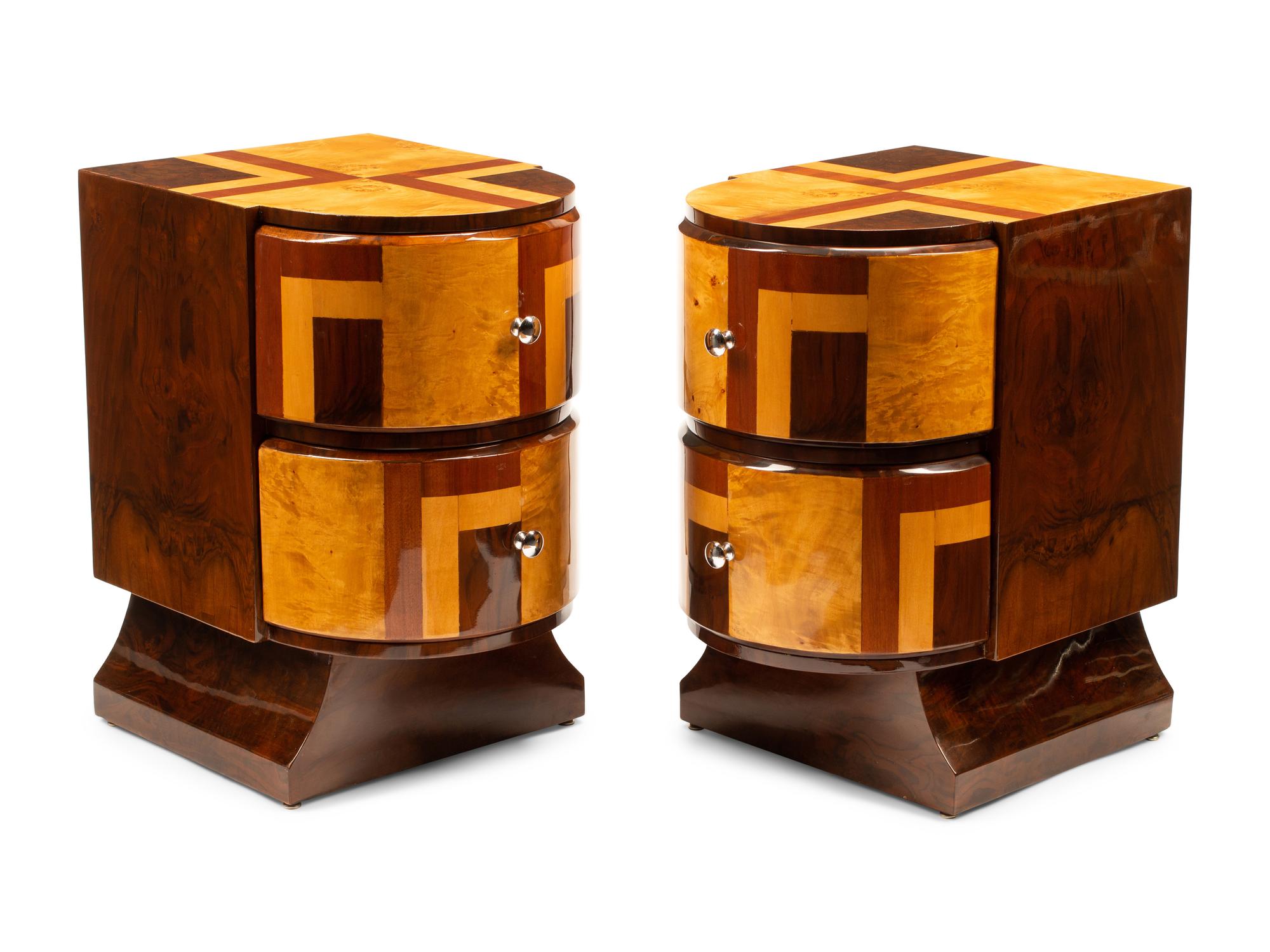 A Pair of Art Deco Style Burlwood and Parquetry Bedside Tables
