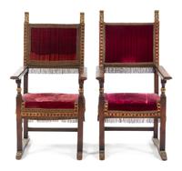 A Pair of Spanish Baroque Style Walnut Armchairs Height 51 inches. — 19TH CENTURY