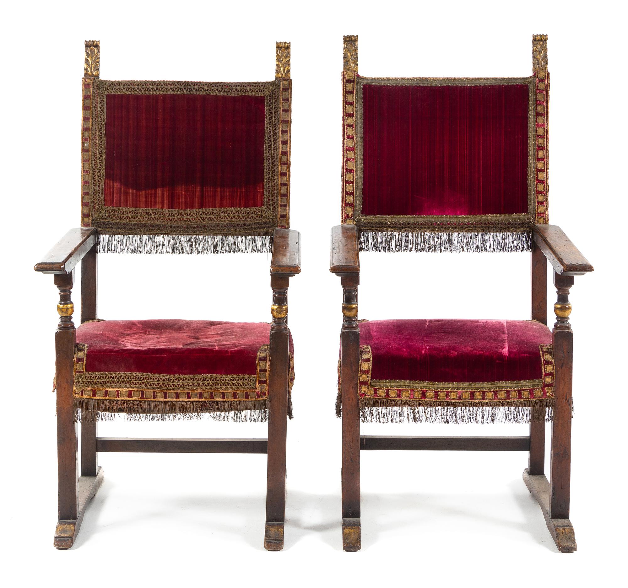 A Pair of Spanish Baroque Style Walnut Armchairs Height 51 inches. — 19TH CENTURY