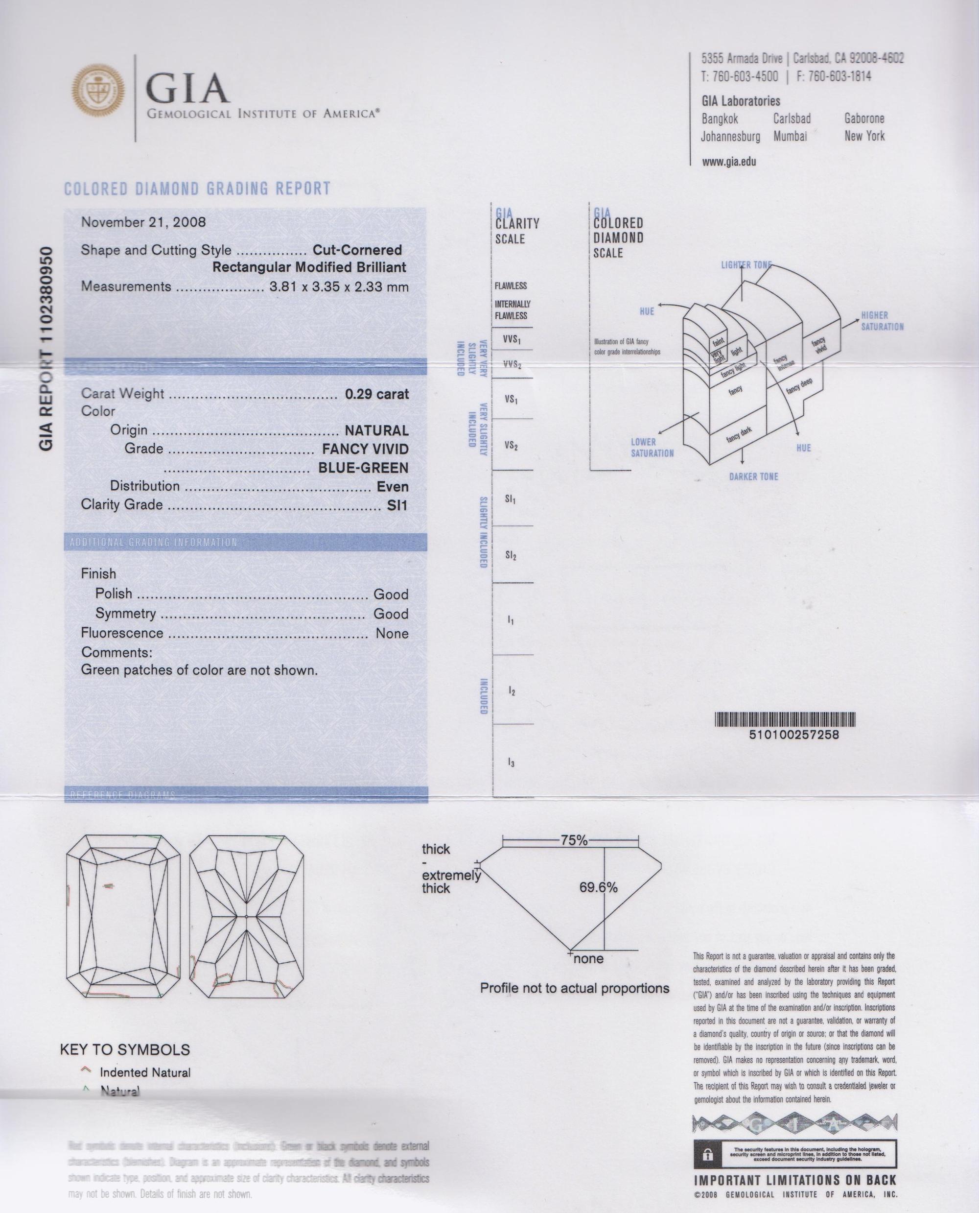 A 0.29 Carat Radiant Fancy Vivid Blue Green Diamond,
