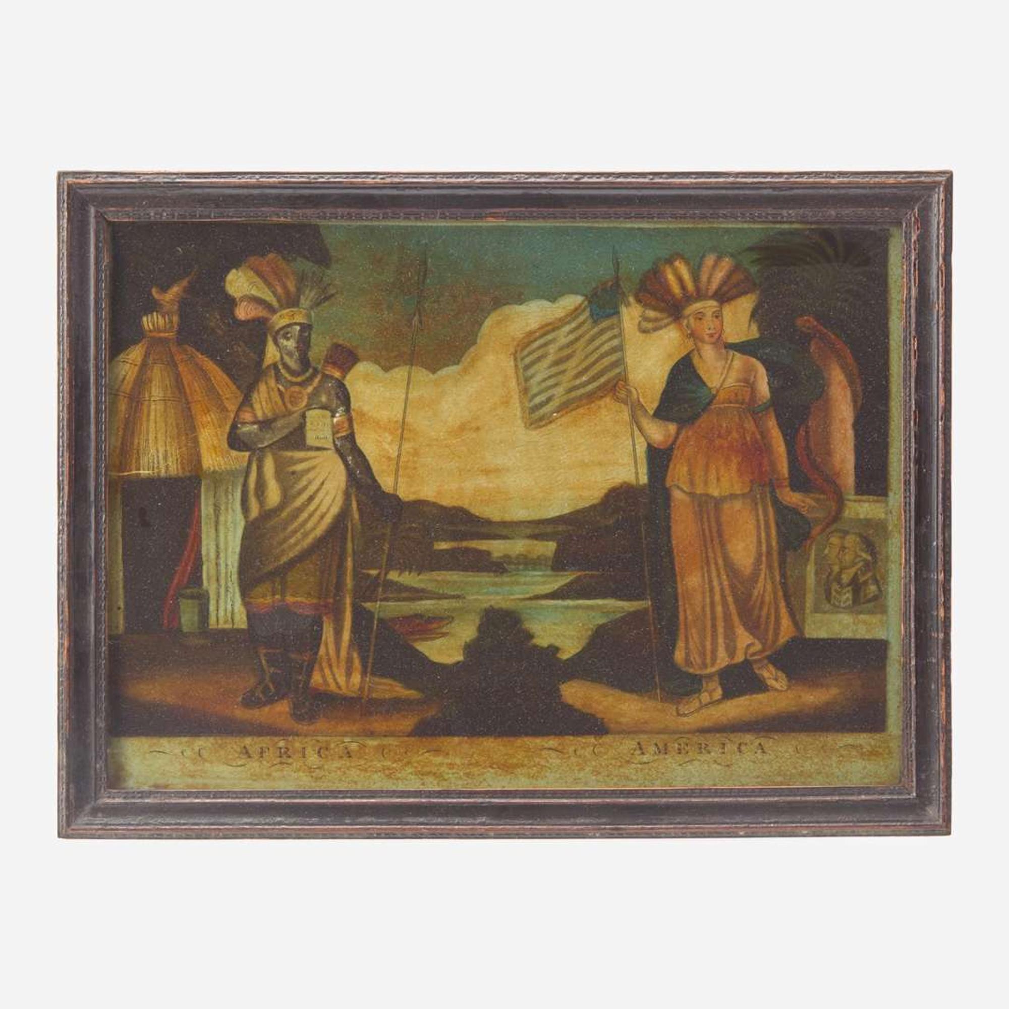 A reverse glass painted mezzotint depicting Africa and America Published by W.B. Walker, London, August 20, 1807