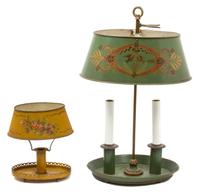 A Painted and Gilt Decorated Tole Bouillotte Two-Light Lamp Height 19 x width 10 x depth 6 1/2 inches.