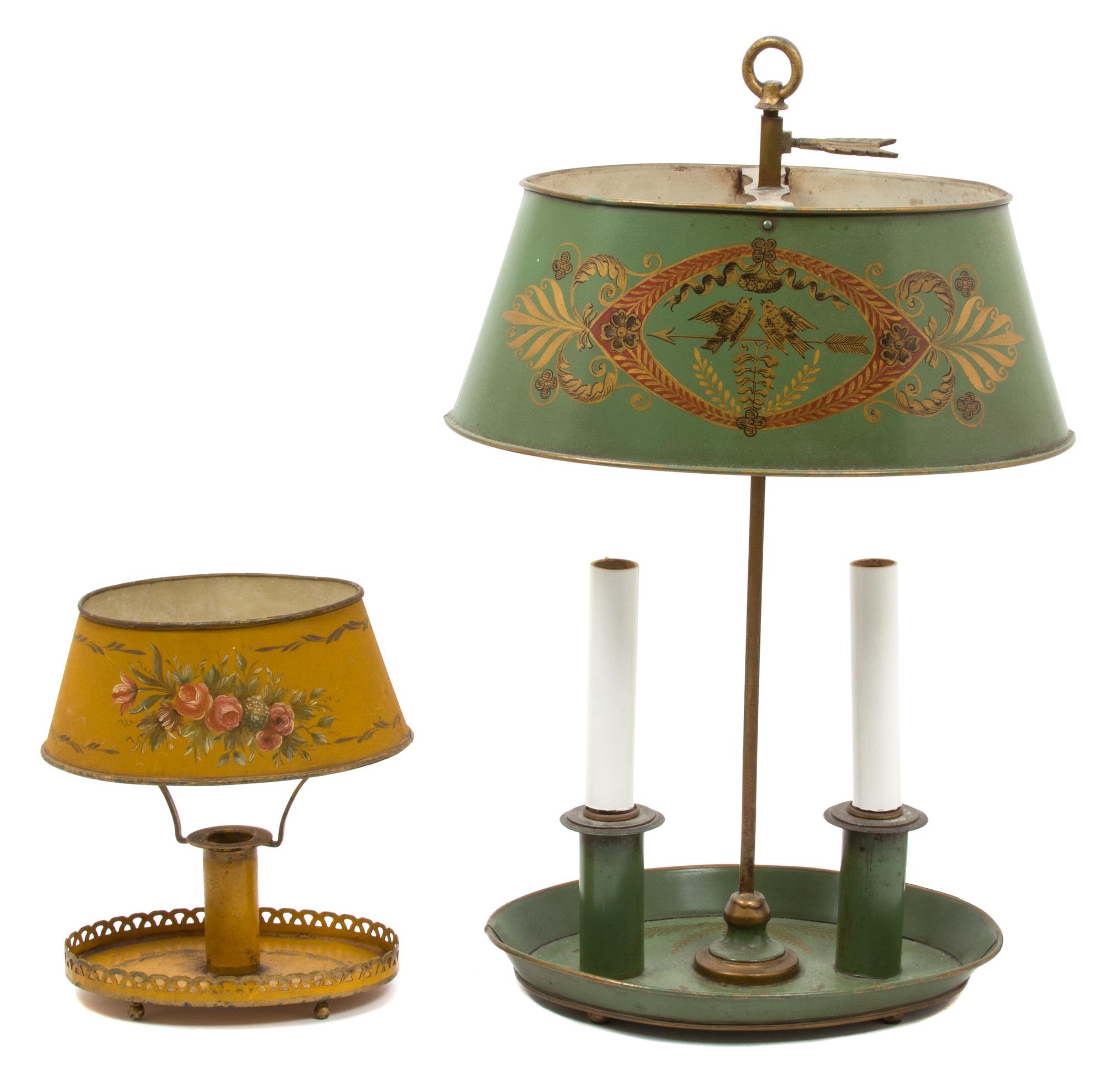 A Painted and Gilt Decorated Tole Bouillotte Two-Light Lamp Height 19 x width 10 x depth 6 1/2 inches.