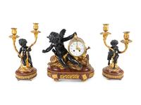 A Napoleon III Style Gilt Bronze Mounted Rouge Marble Clock Garniture — 19TH CENTURY